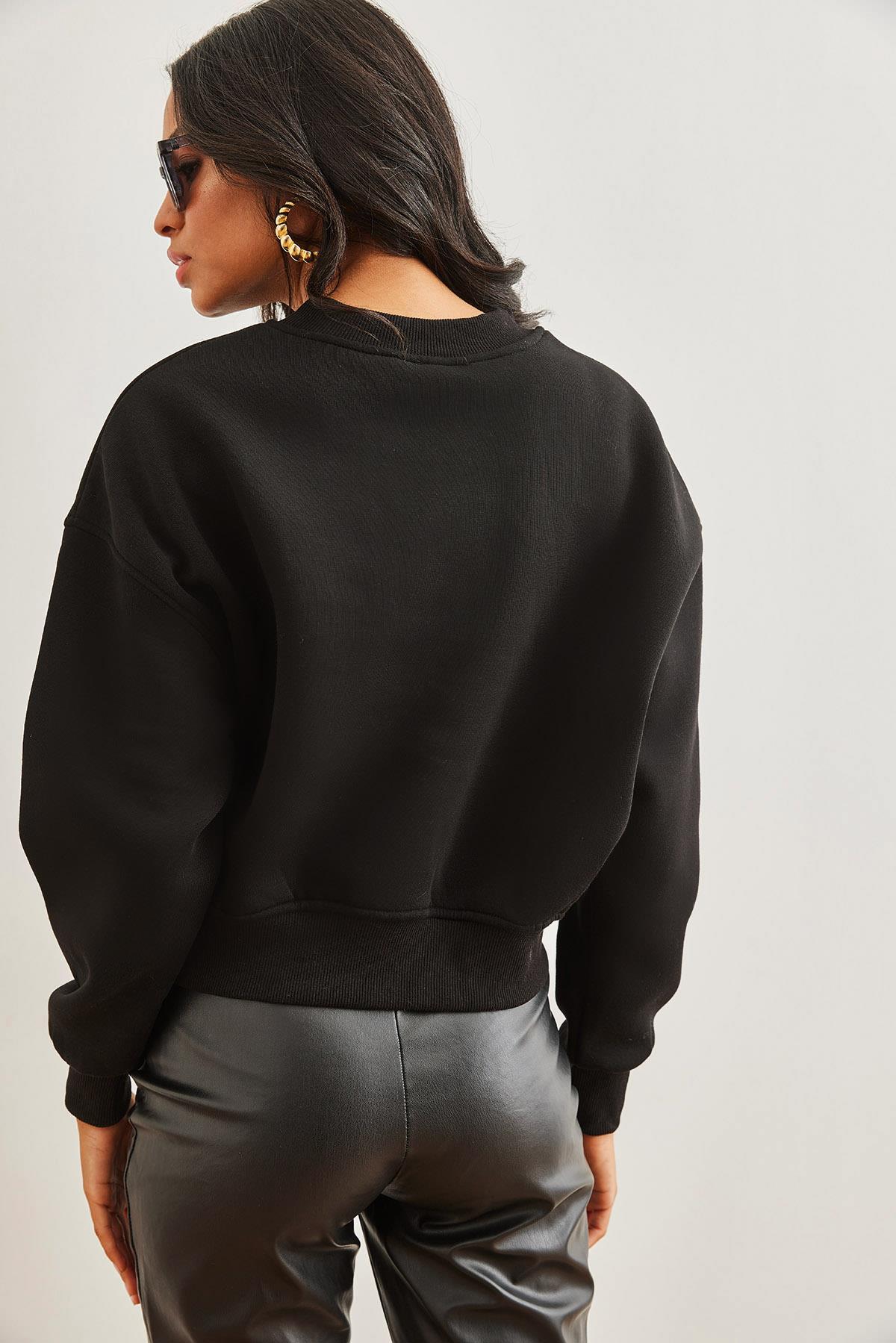 İnci Detaylı Şardonlu Crop Kalın Sweatshirt Siyah