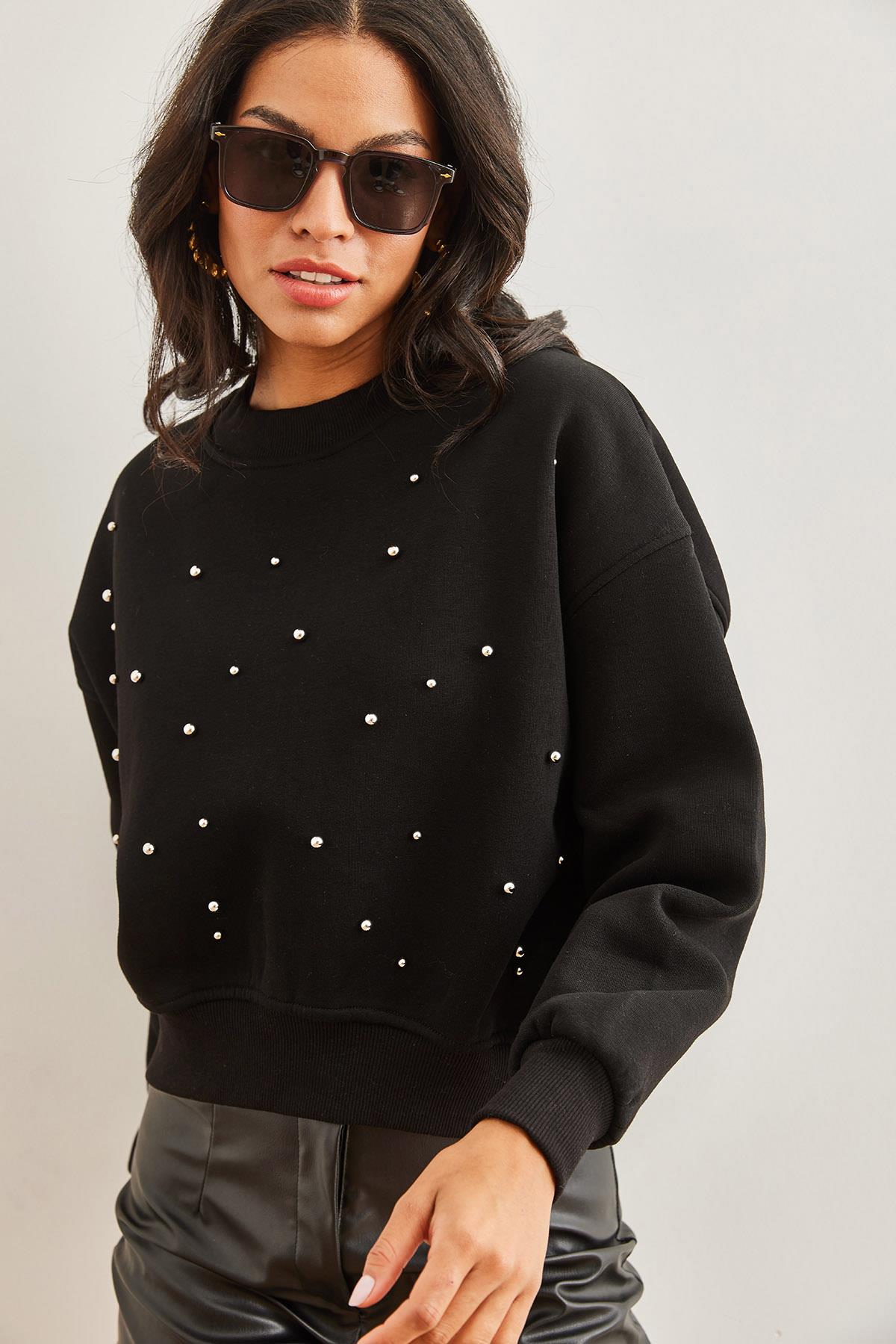 İnci Detaylı Şardonlu Crop Kalın Sweatshirt Siyah