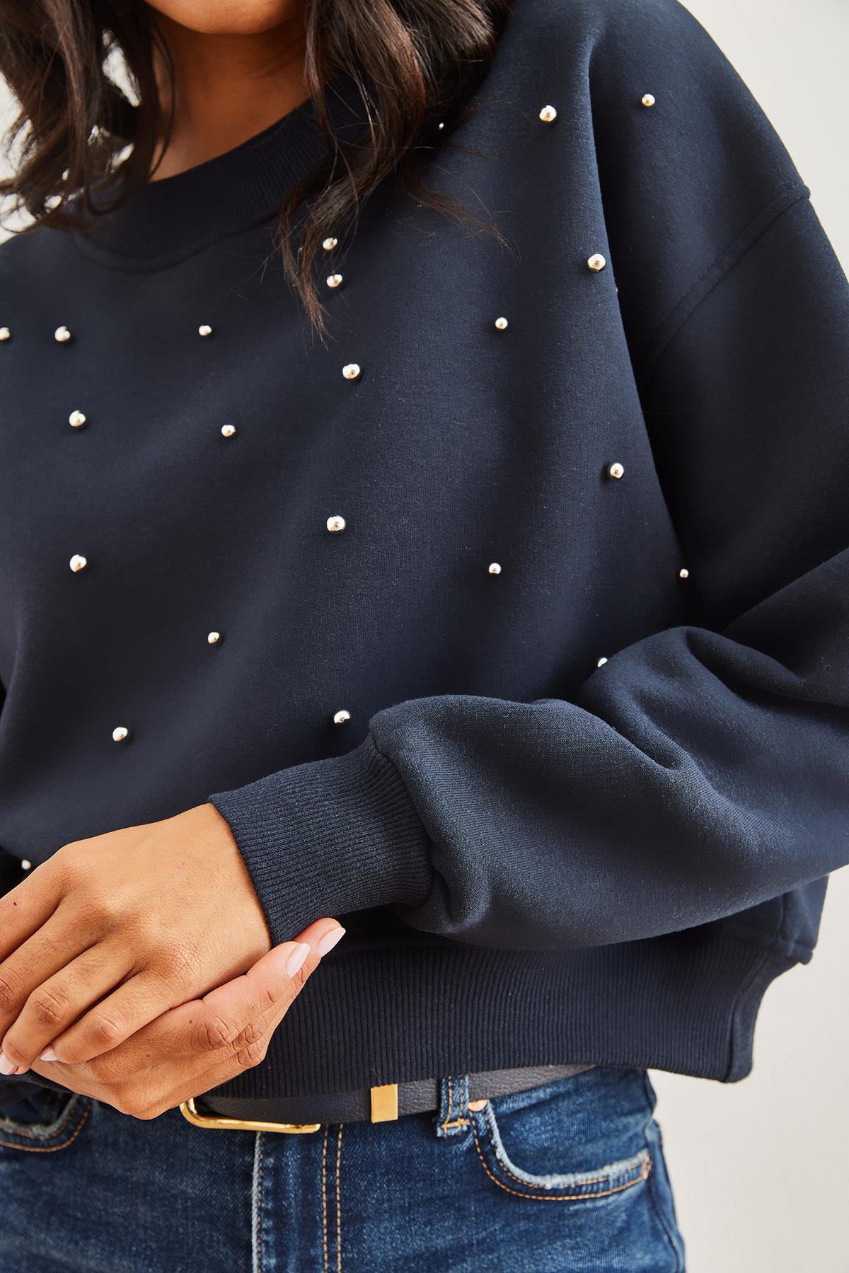 İnci Detaylı Şardonlu Crop Kalın Sweatshirt Lacivert