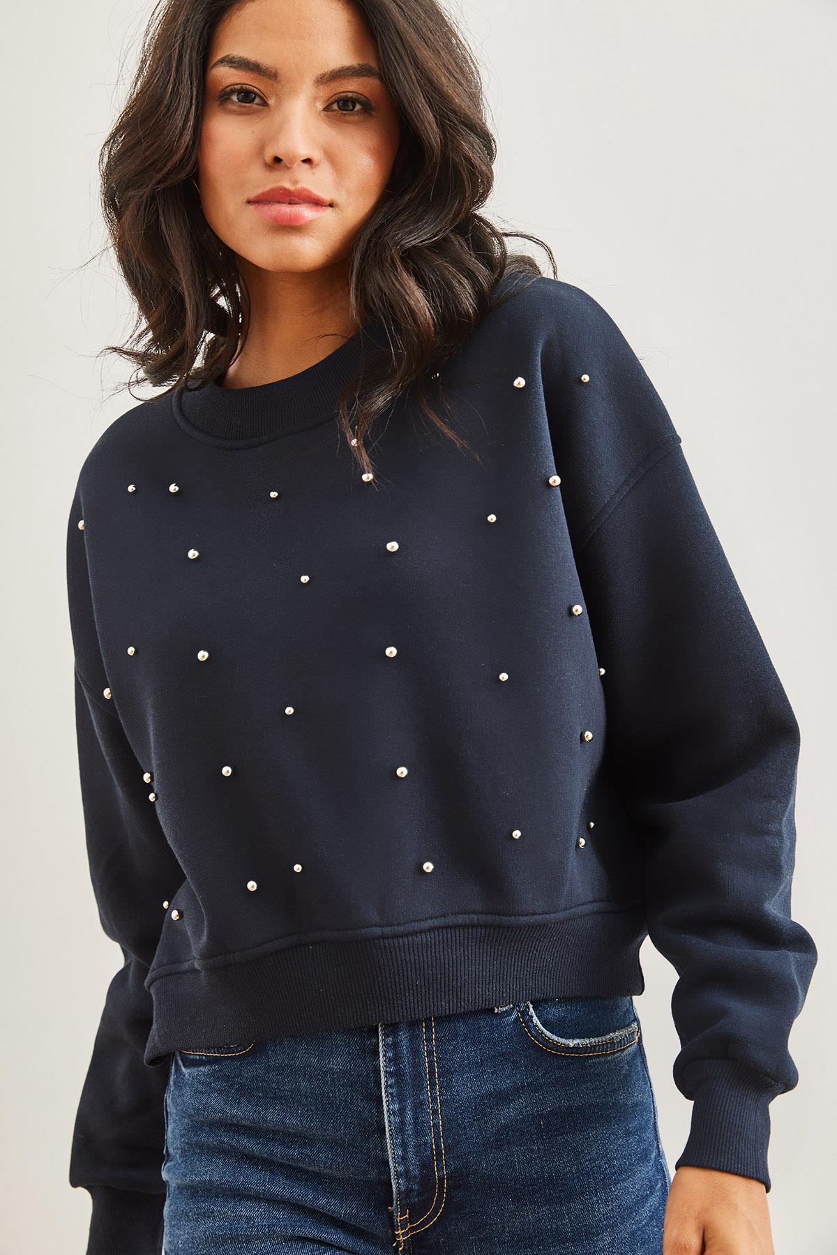 İnci Detaylı Şardonlu Crop Kalın Sweatshirt Lacivert