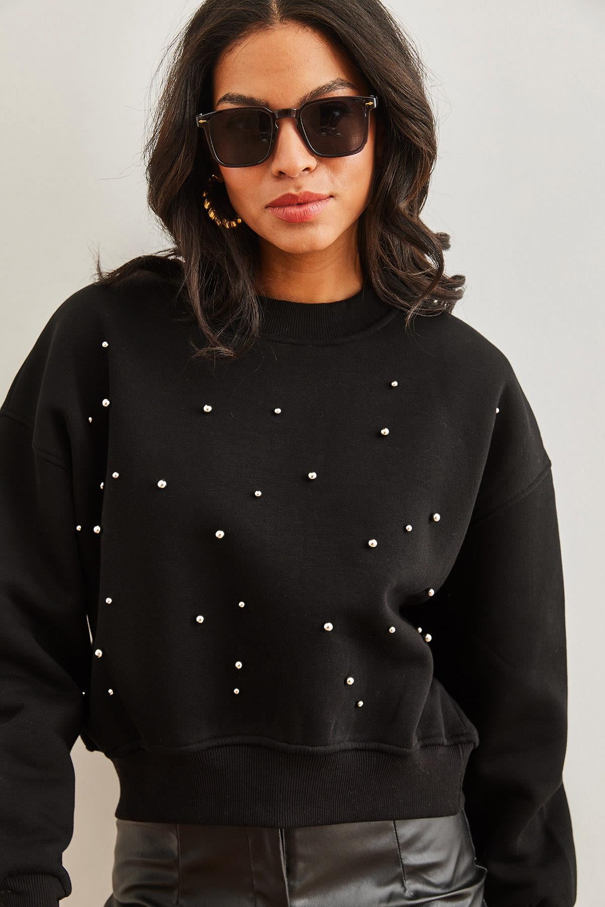 İnci Detaylı Şardonlu Crop Kalın Sweatshirt Siyah