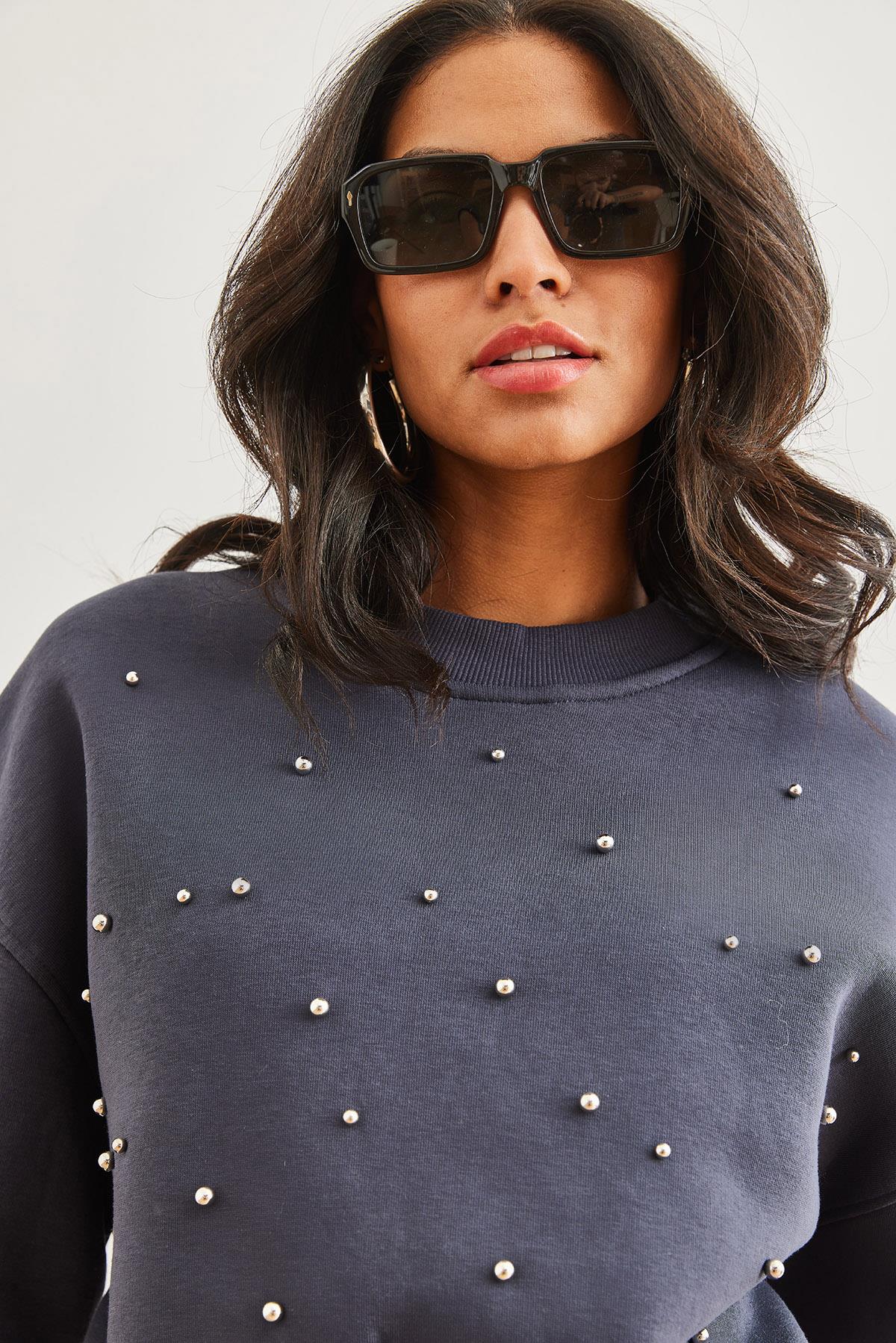 İnci Detaylı Şardonlu Crop Kalın Sweatshirt Antrasit