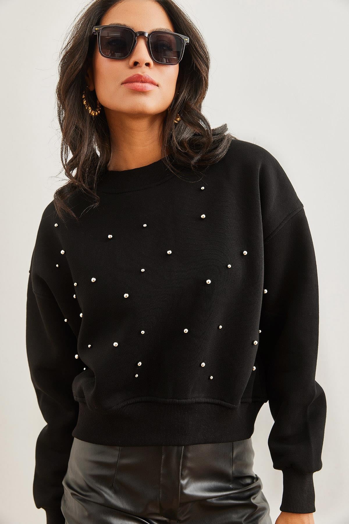 İnci Detaylı Şardonlu Crop Kalın Sweatshirt Siyah