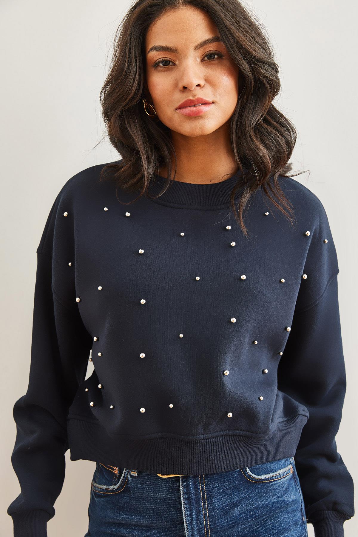 İnci Detaylı Şardonlu Crop Kalın Sweatshirt Lacivert