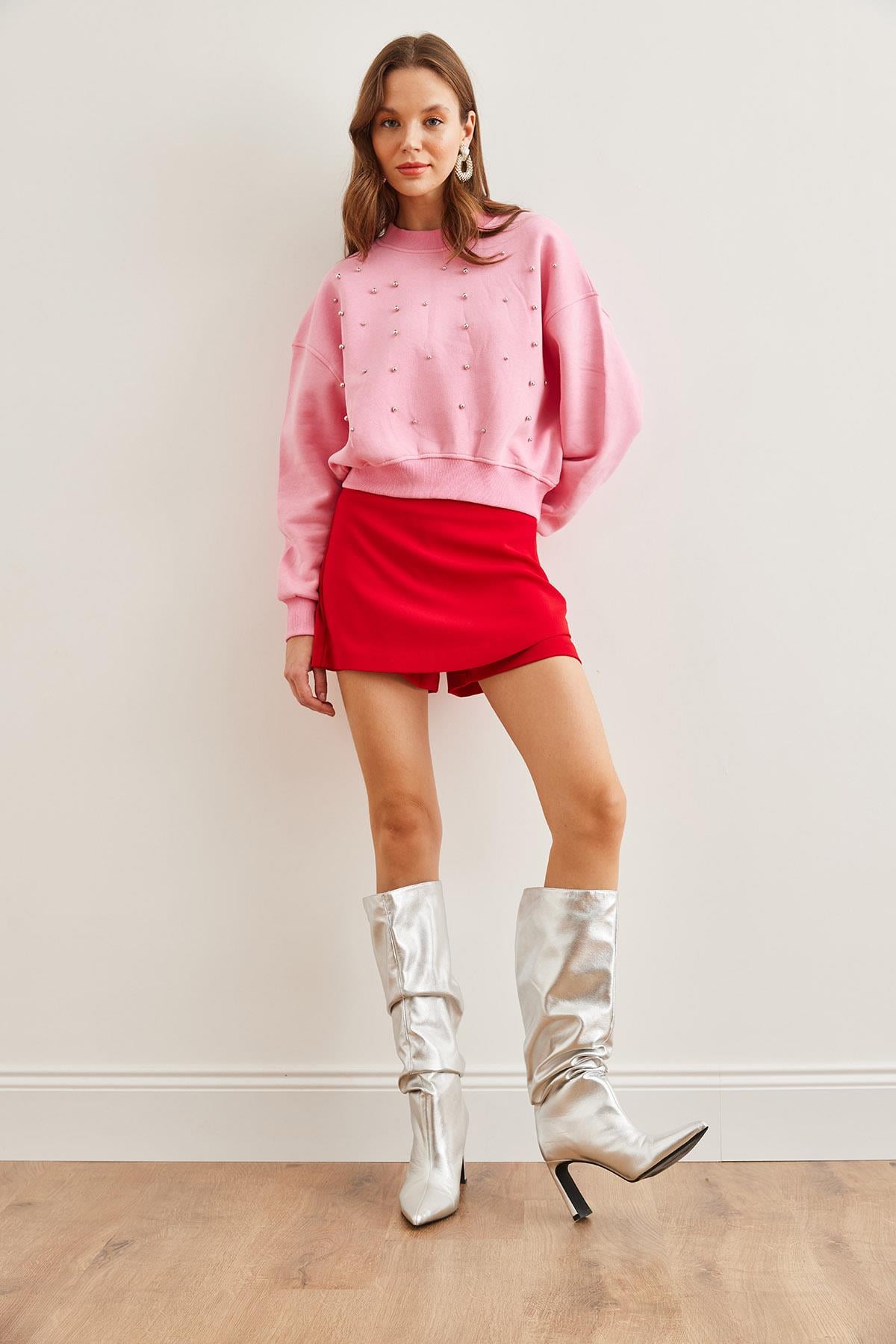 İnci Detaylı Şardonlu Crop Kalın Sweatshirt Şeker Pembe