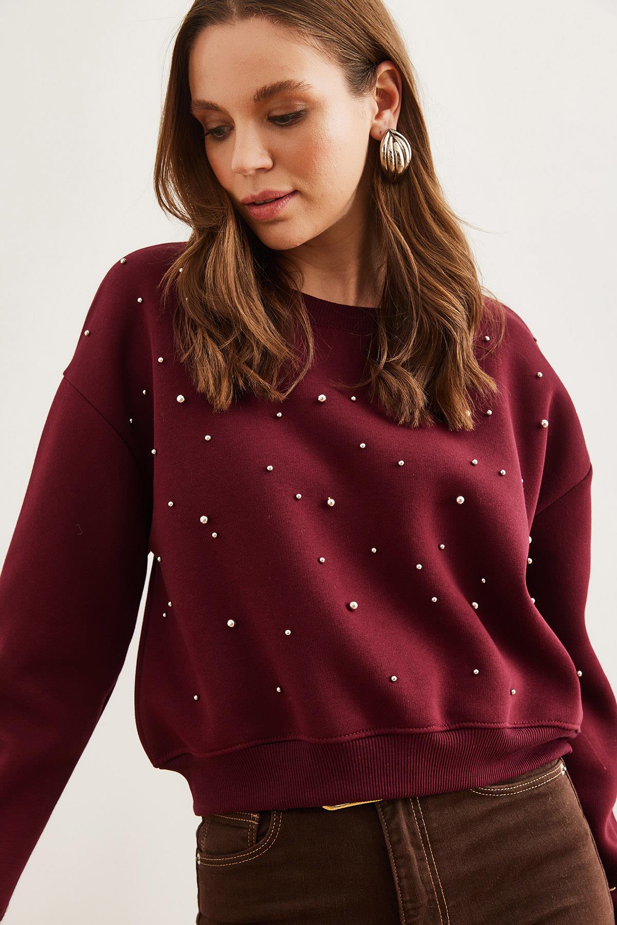 İnci Detaylı Şardonlu Crop Kalın Sweatshirt Bordo