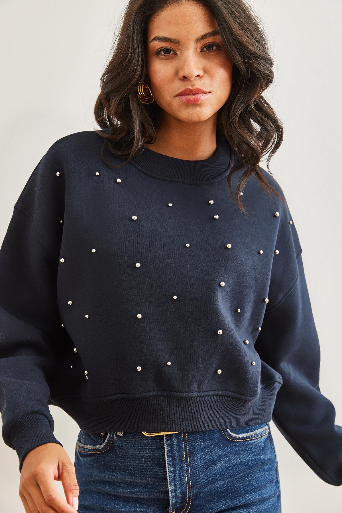 İnci Detaylı Şardonlu Crop Kalın Sweatshirt Lacivert