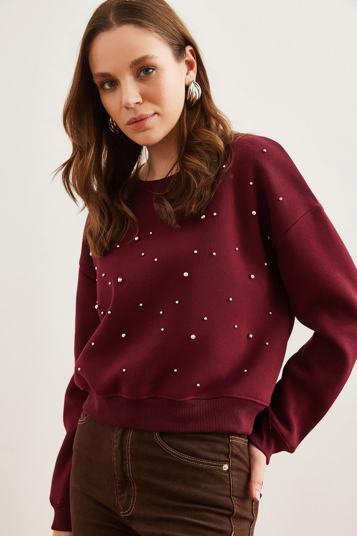 İnci Detaylı Şardonlu Crop Kalın Sweatshirt Bordo