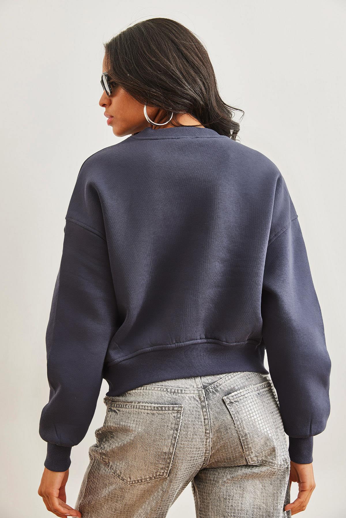 İnci Detaylı Şardonlu Crop Kalın Sweatshirt Antrasit