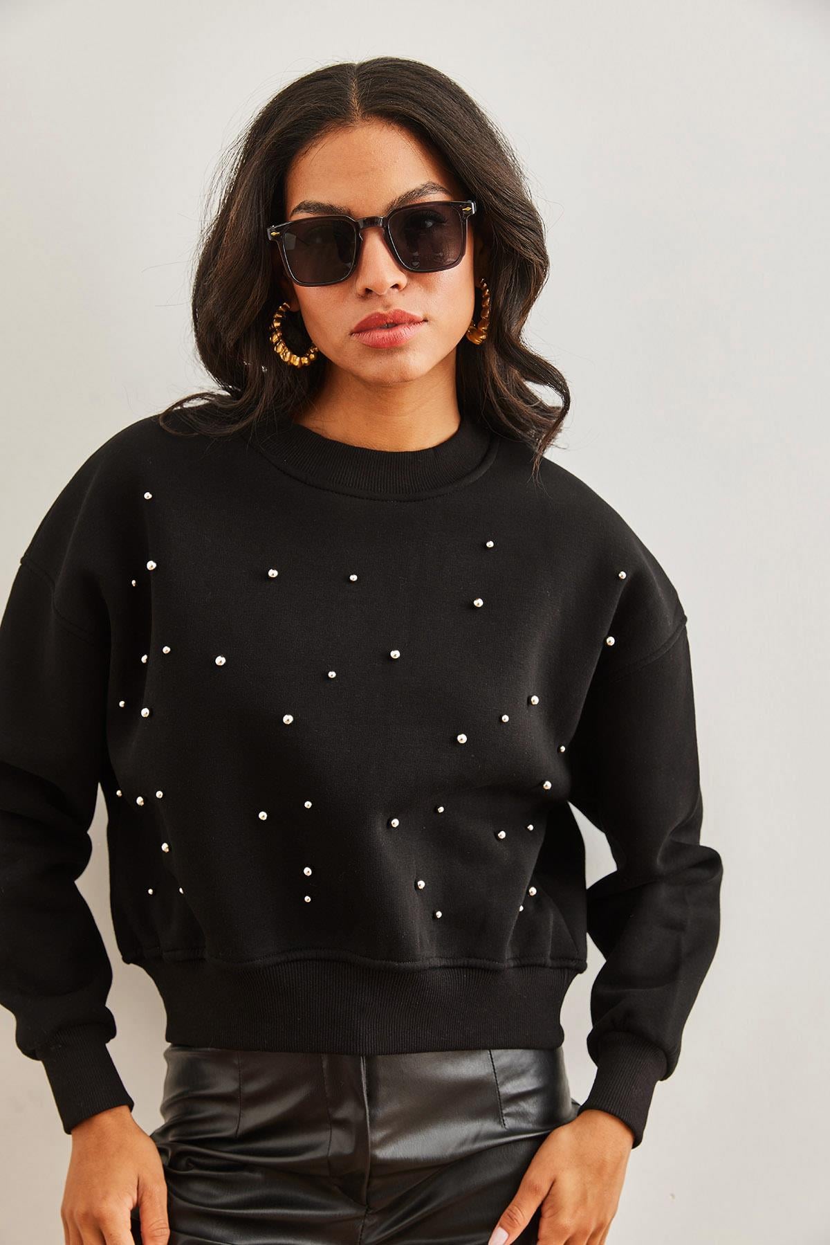 İnci Detaylı Şardonlu Crop Kalın Sweatshirt Siyah