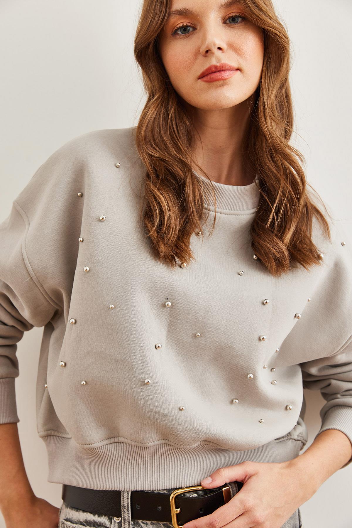 İnci Detaylı Şardonlu Crop Kalın Sweatshirt Yunus Gri