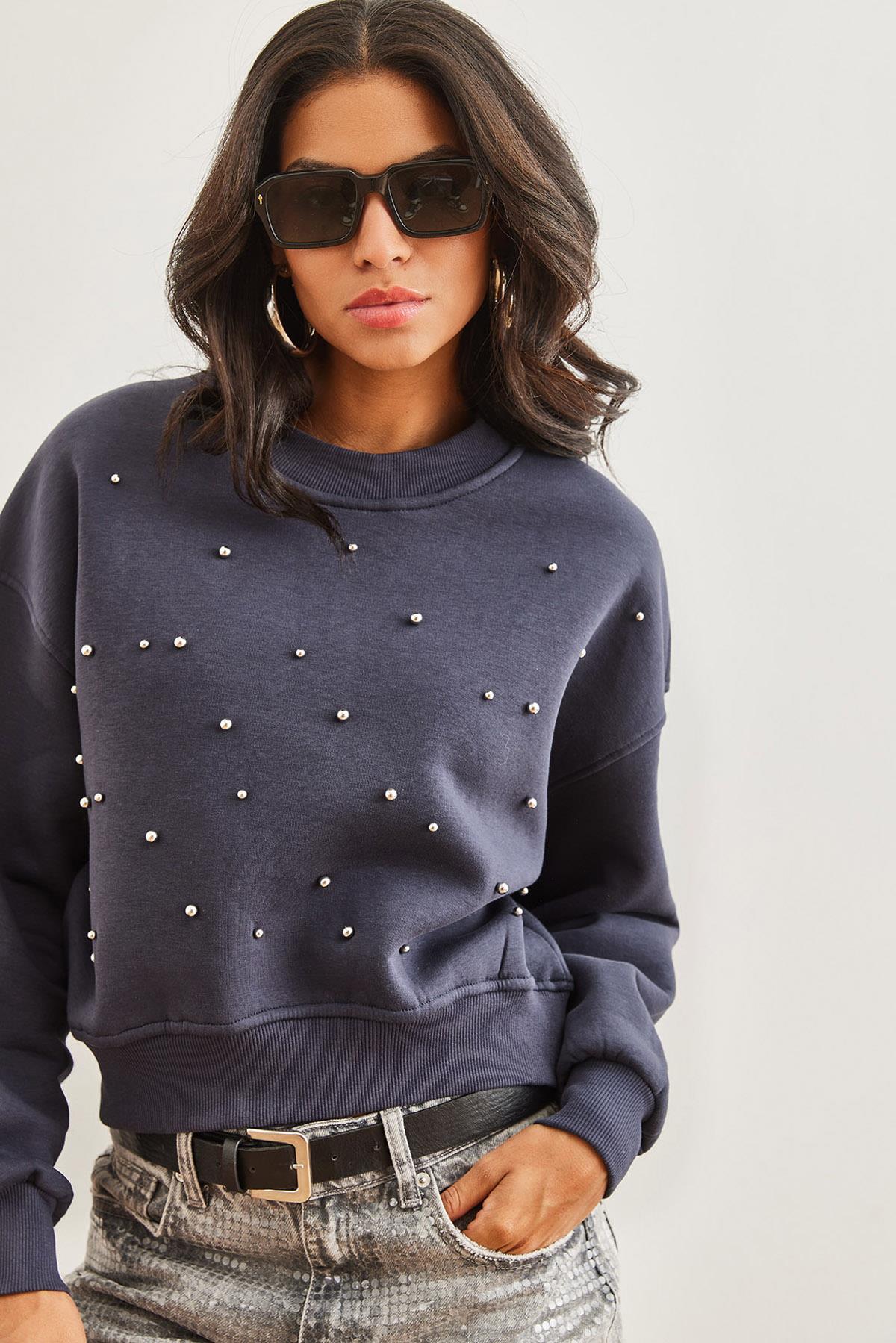 İnci Detaylı Şardonlu Crop Kalın Sweatshirt Antrasit