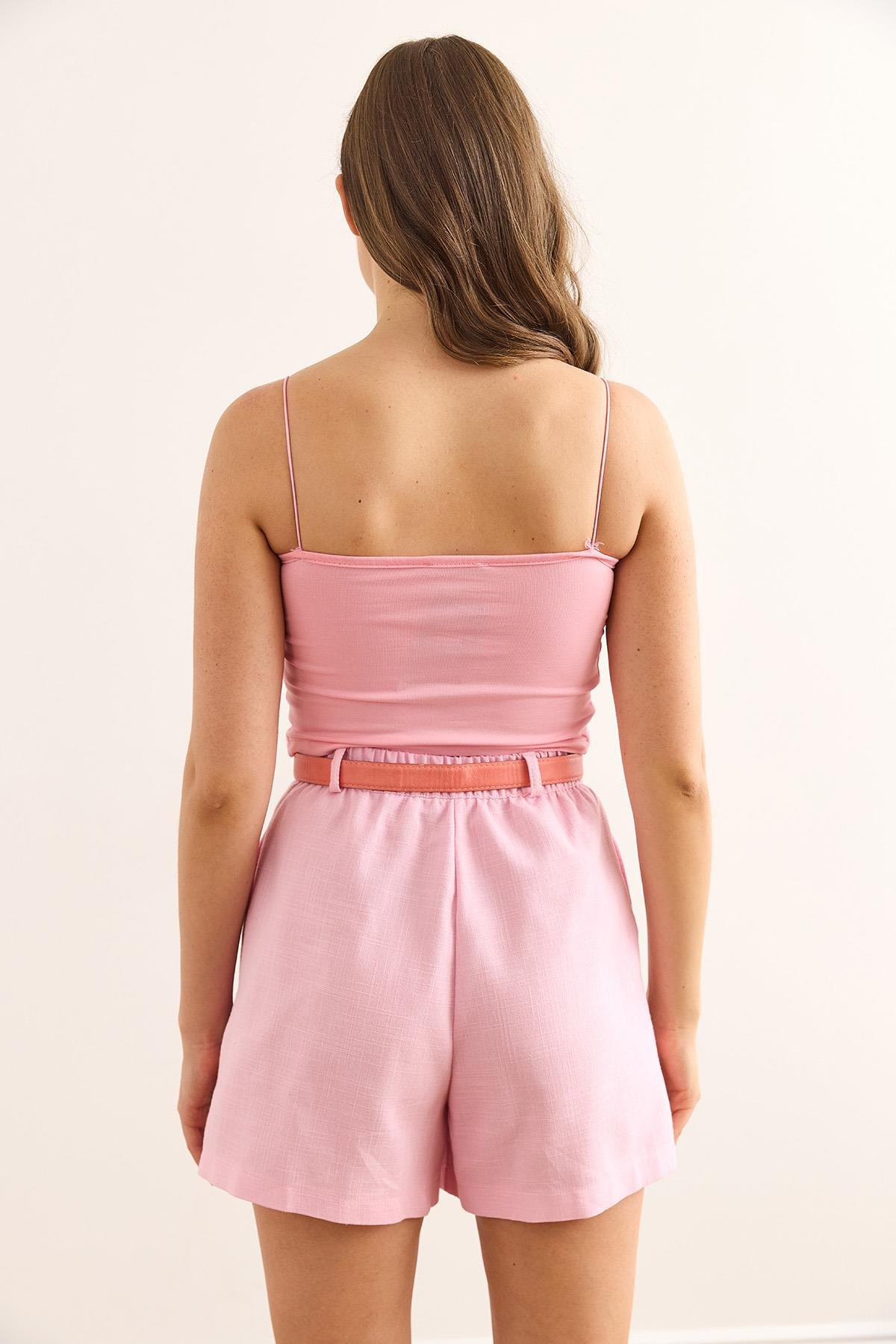 İp Askılı Crop 2 li Paket Bluz Pembe Sarı