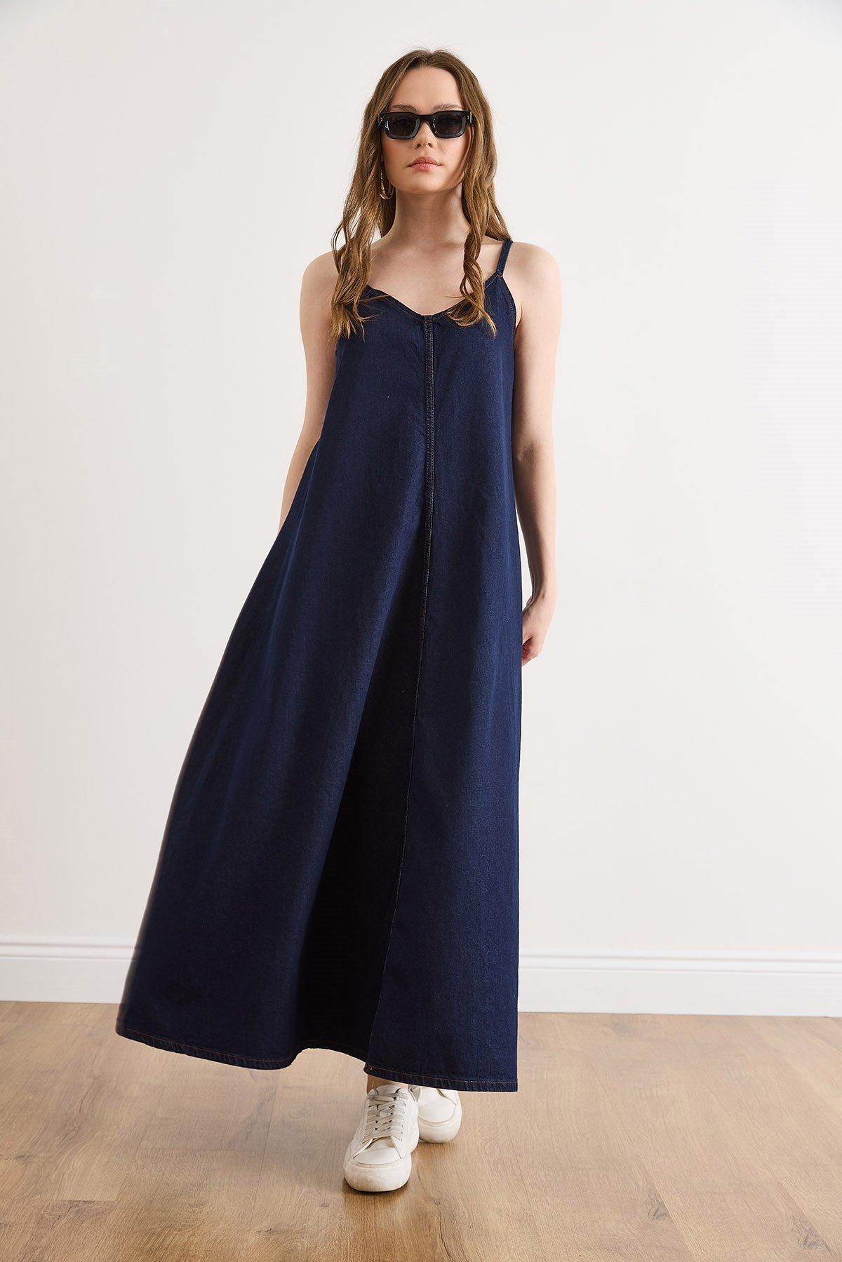 İp Askılı Maksi A Form Denim Elbise Lacivert