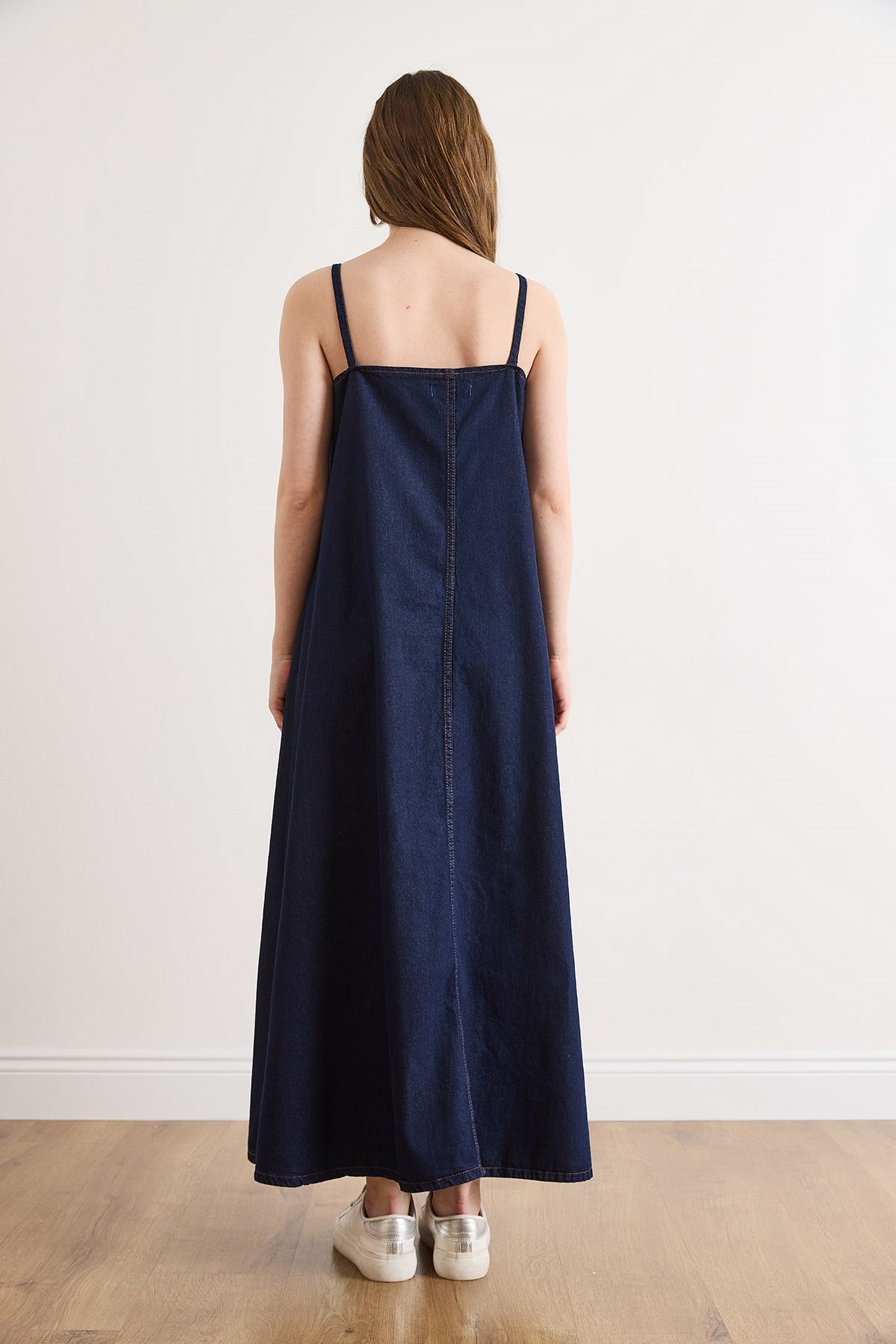İp Askılı Maksi A Form Denim Elbise Lacivert