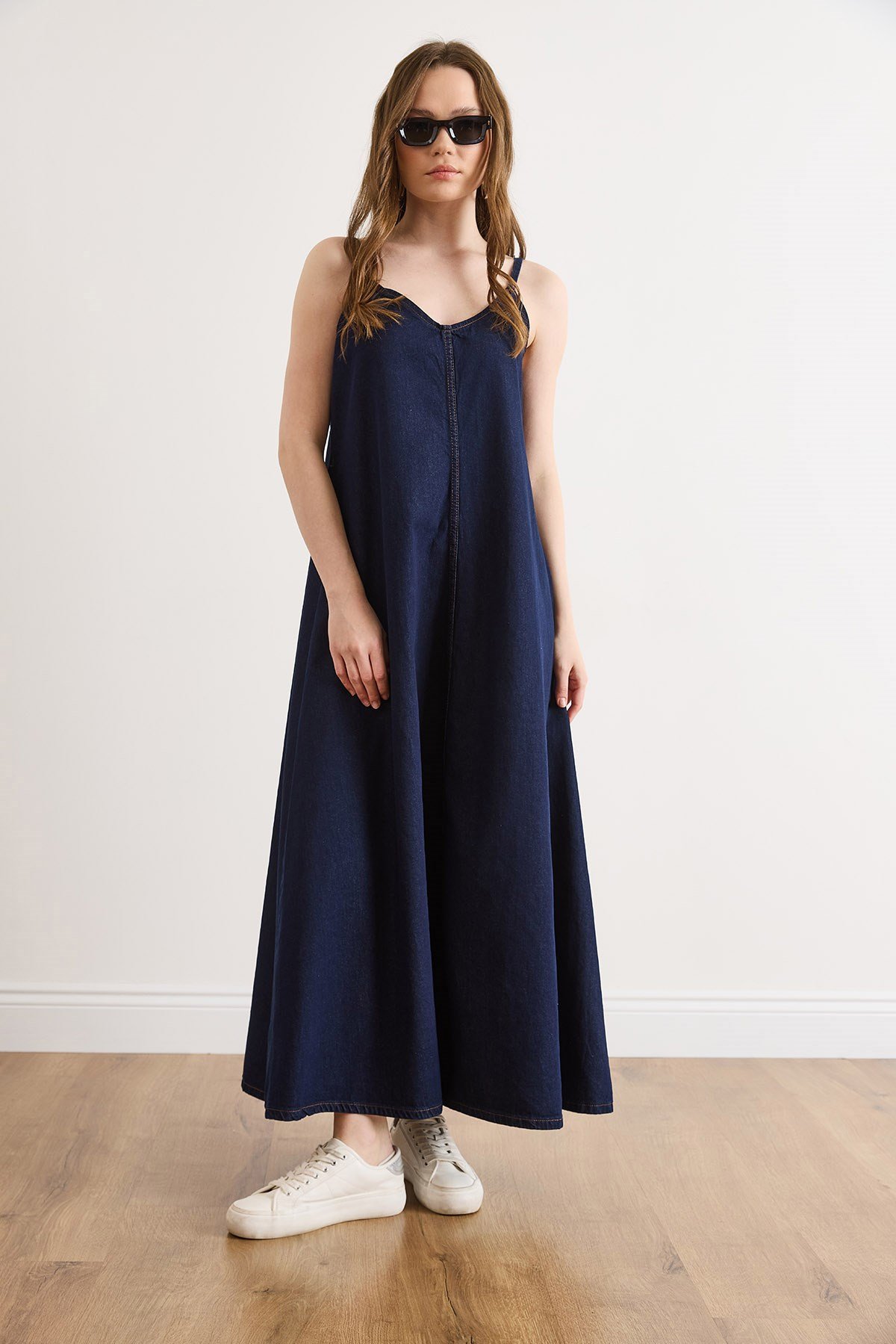 İp Askılı Maksi A Form Denim Elbise Lacivert
