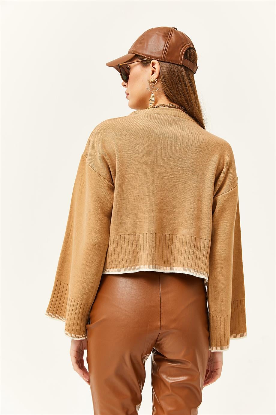 İspanyol Kol Crop Triko Kazak Camel