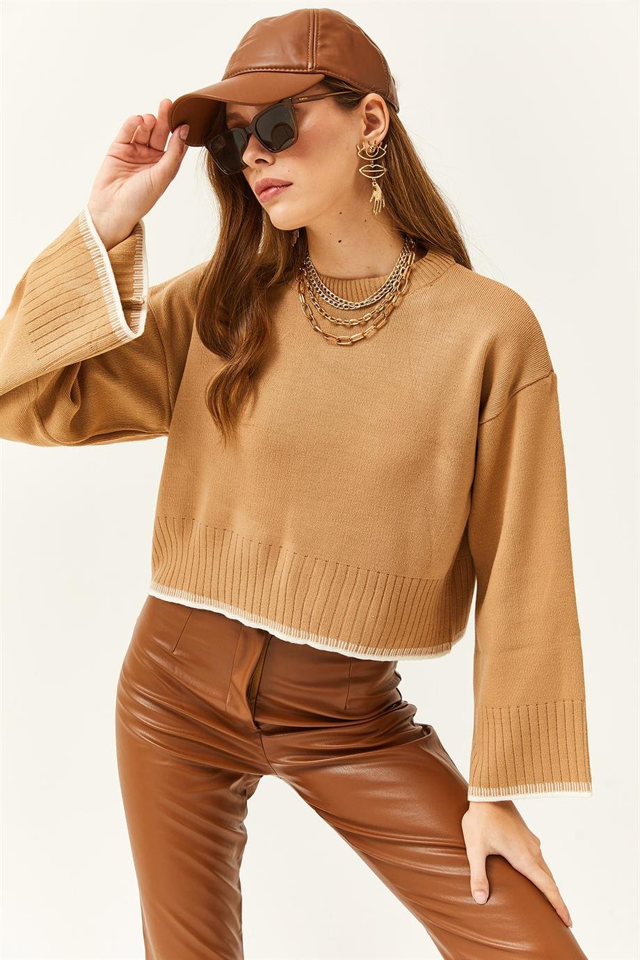 İspanyol Kol Crop Triko Kazak Camel