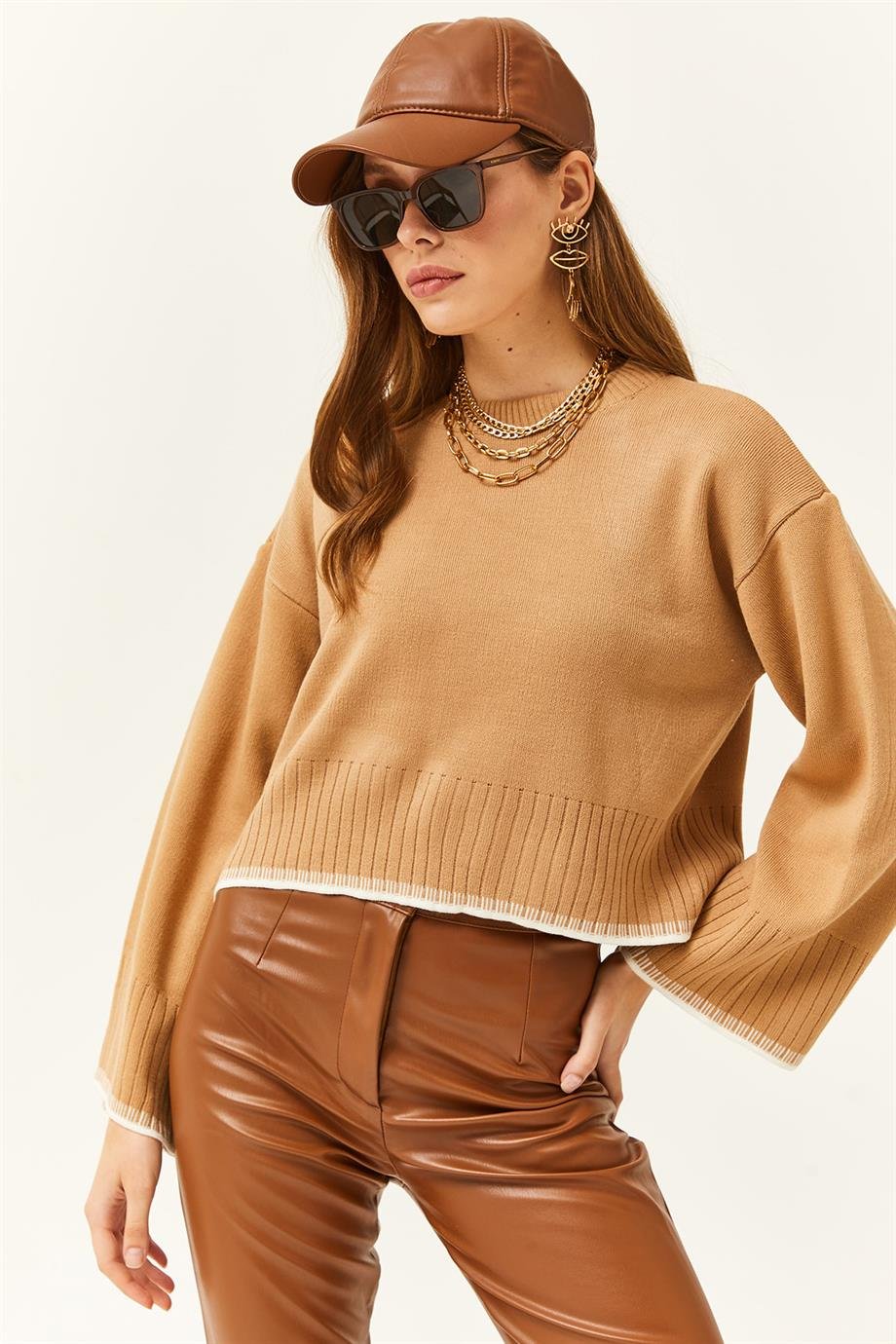 İspanyol Kol Crop Triko Kazak Camel