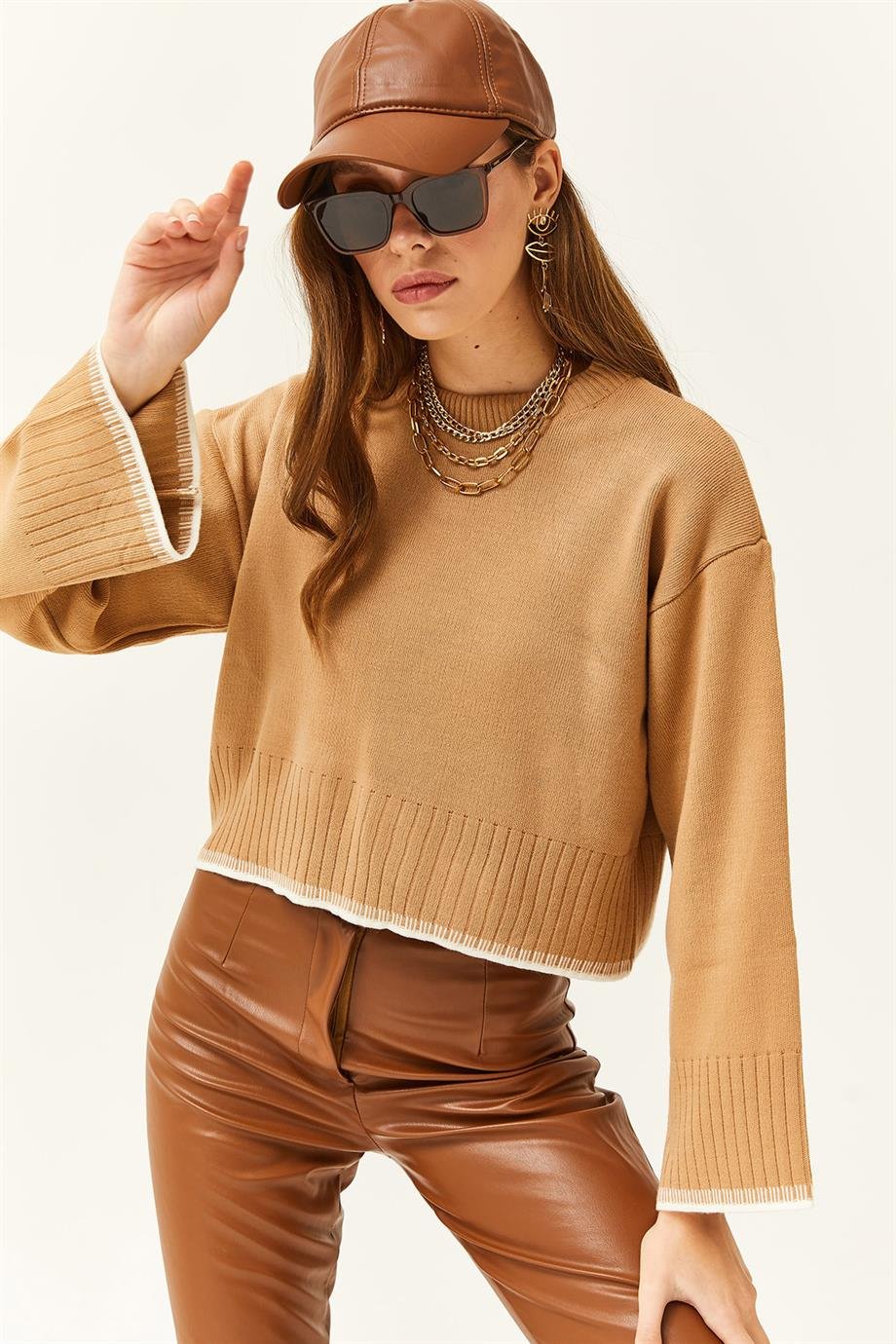 İspanyol Kol Crop Triko Kazak Camel