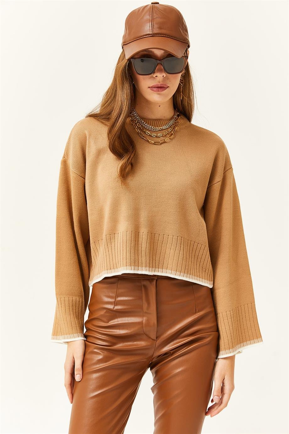 İspanyol Kol Crop Triko Kazak Camel