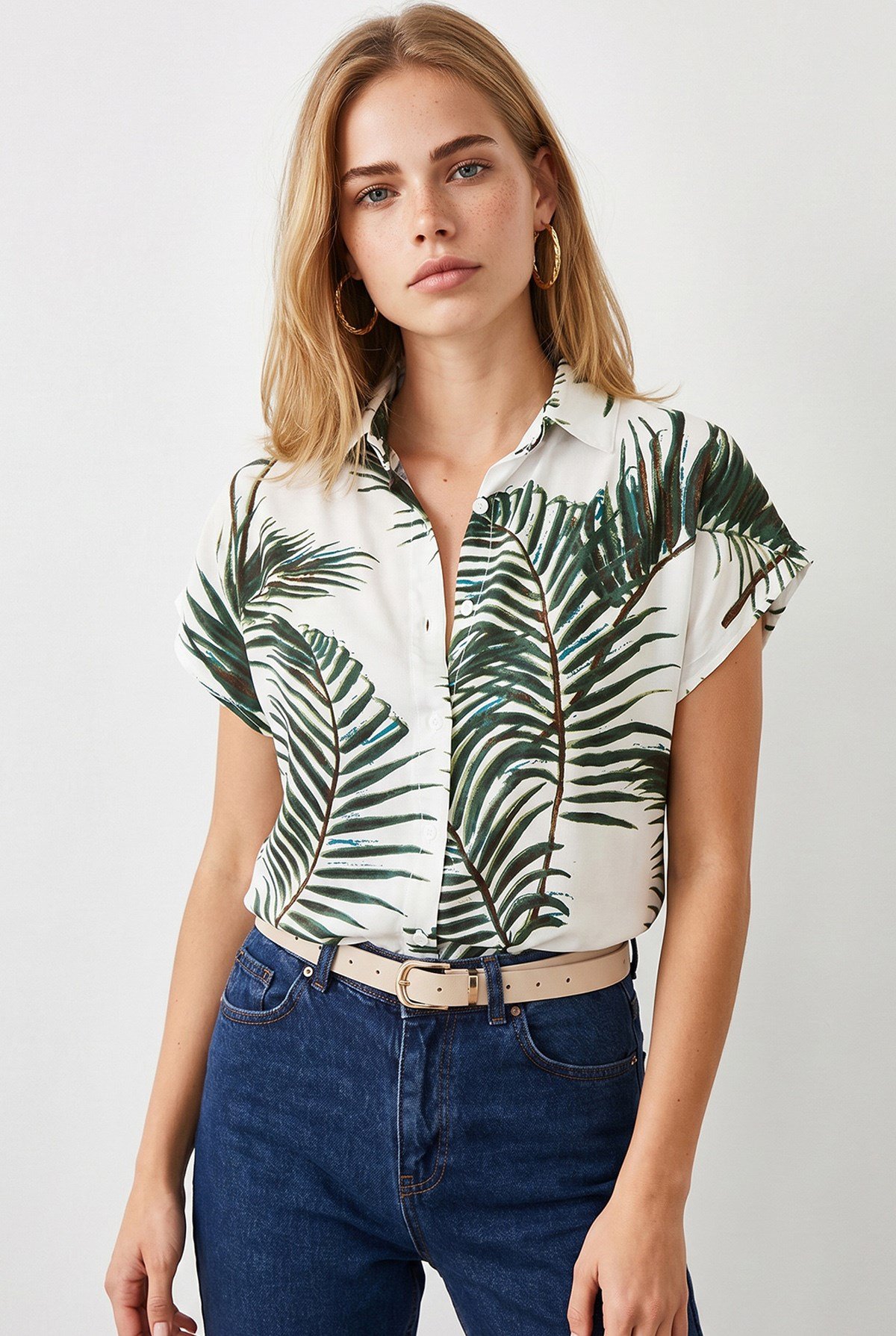 Jungle Yarasa Model Dokuma Viskon Gömlek Ekru Yeşil