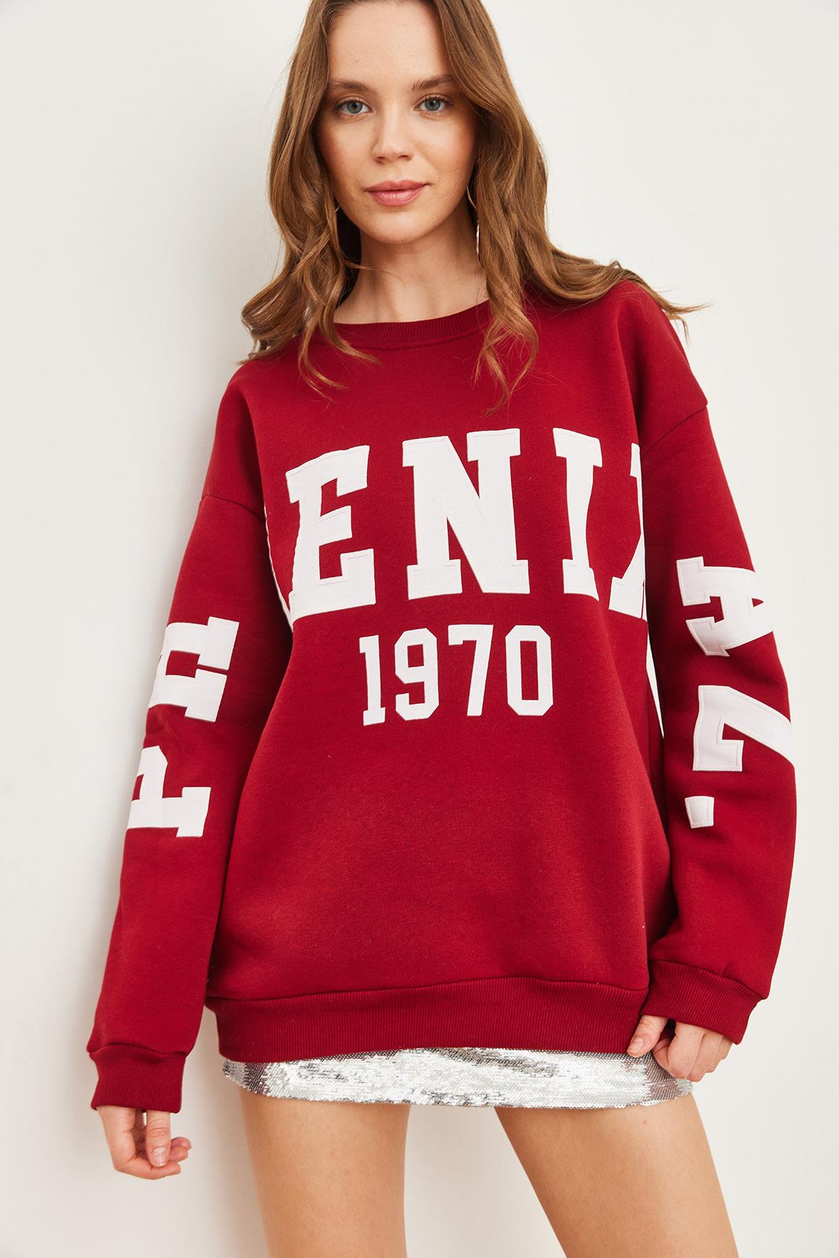 Kabartma Baskılı Oversize Şardonlu Sweatshirt Bordo