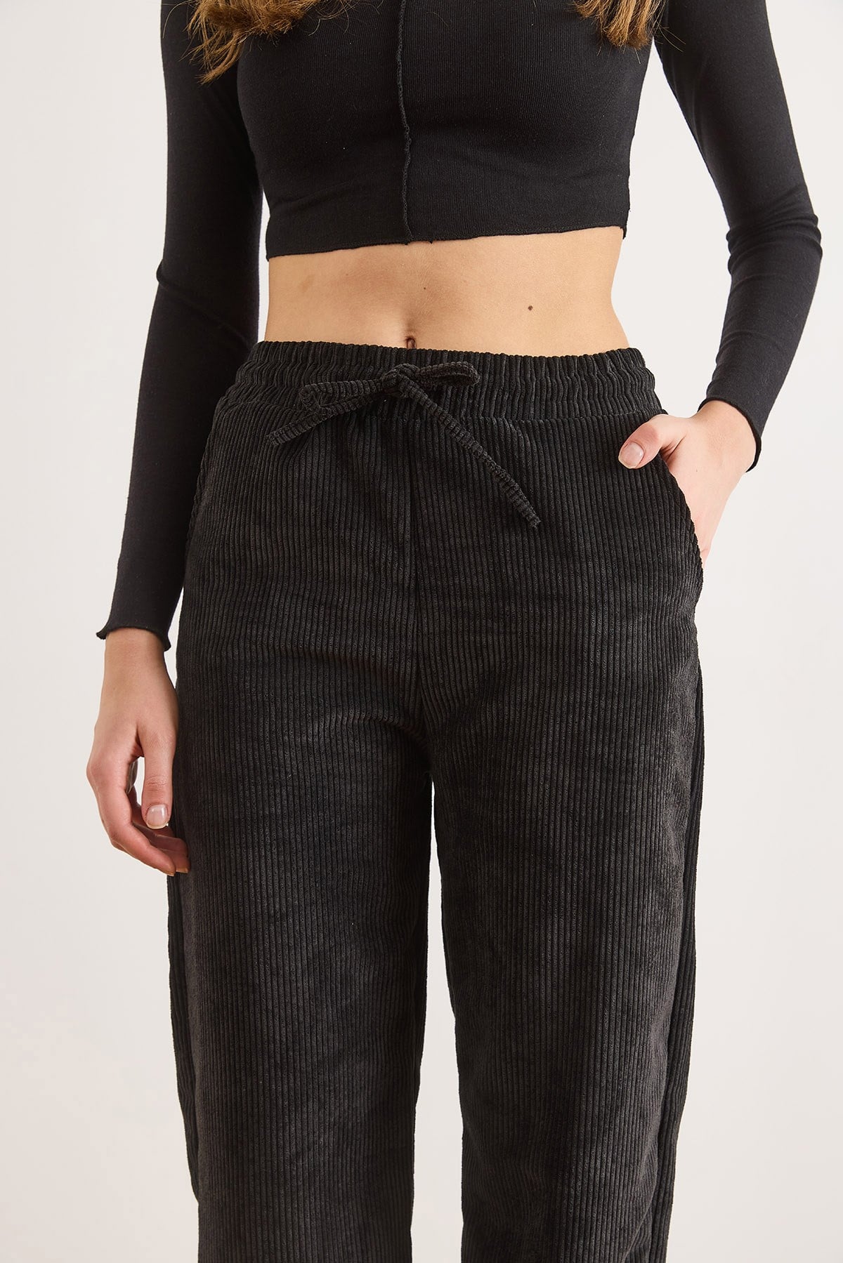 Kadife Cepli Beli Lastikli Kalın Fitilli  Wide Leg Pantolon Siyah