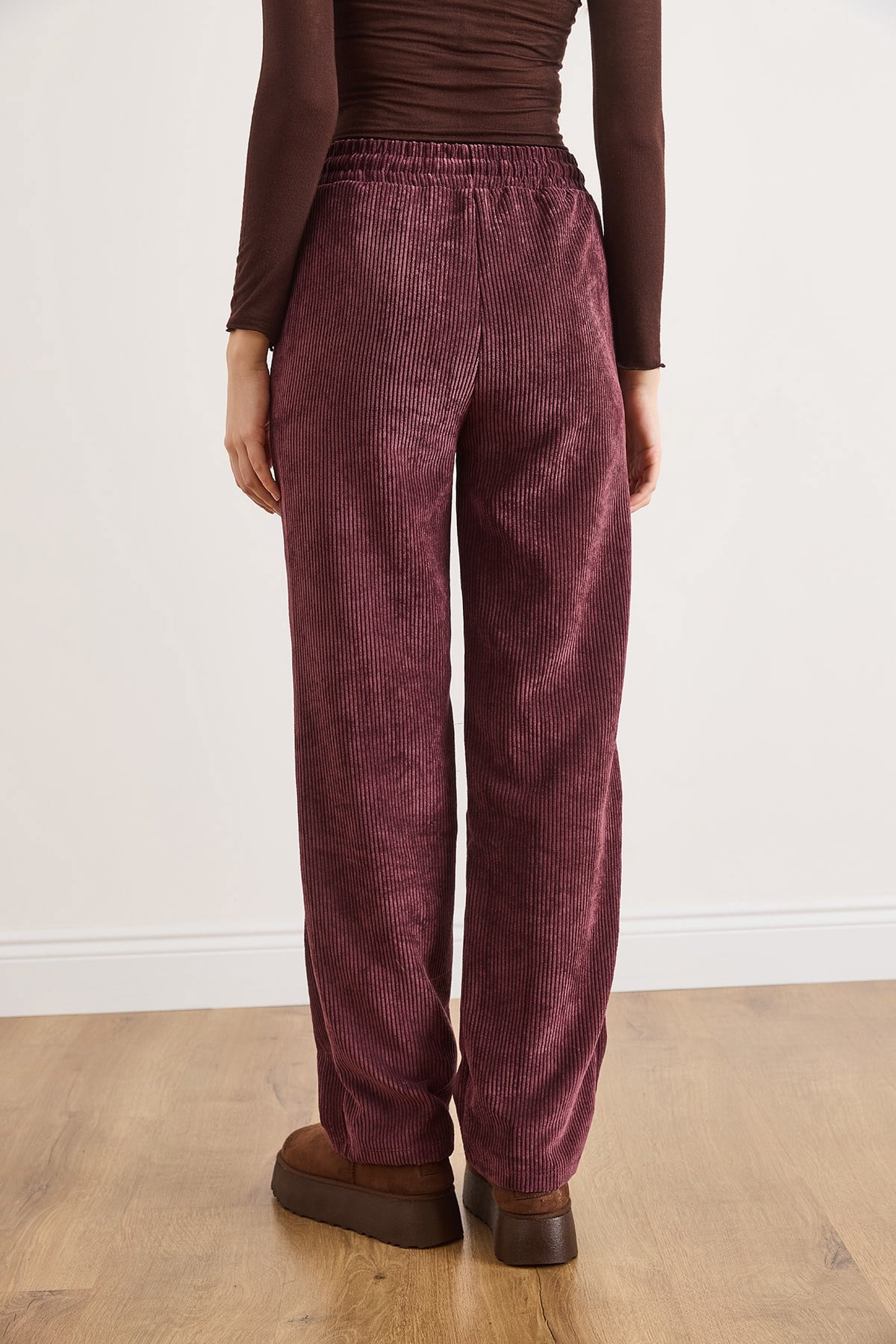 Kadife Cepli Beli Lastikli Kalın Fitilli  Wide Leg Pantolon Bordo