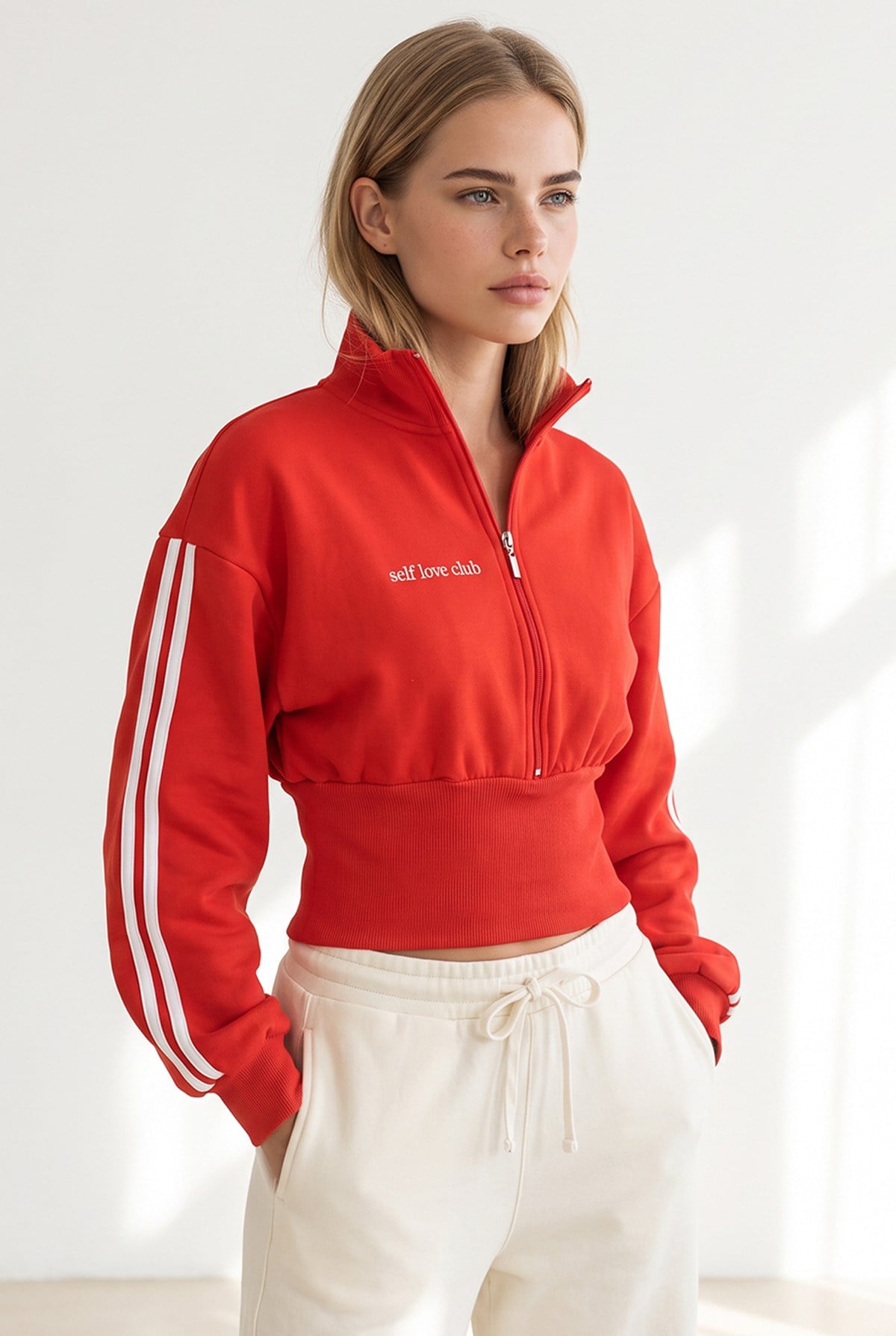 Kalın Bantlı Fermuarlı Şardonlu Sweatshirt Kırmızı