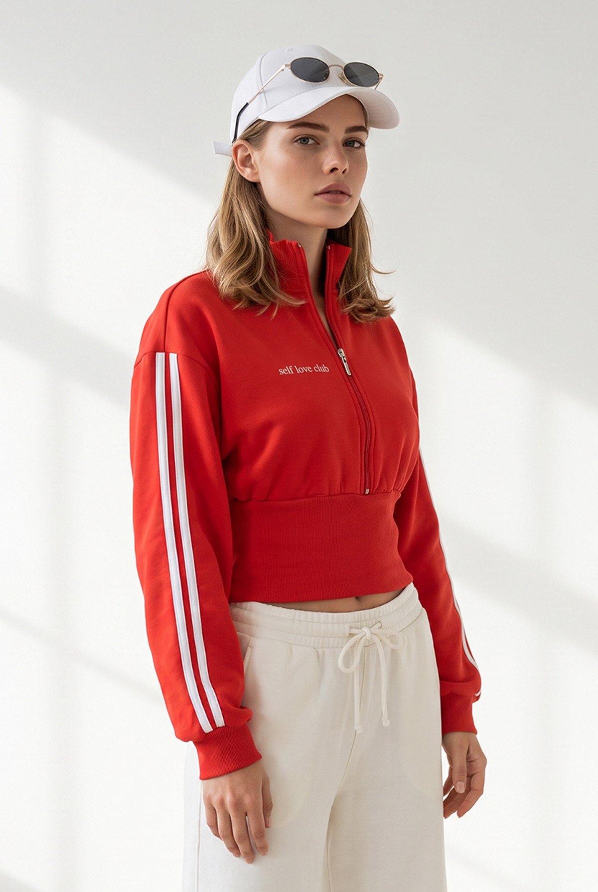 Kalın Bantlı Fermuarlı Şardonlu Sweatshirt Kırmızı