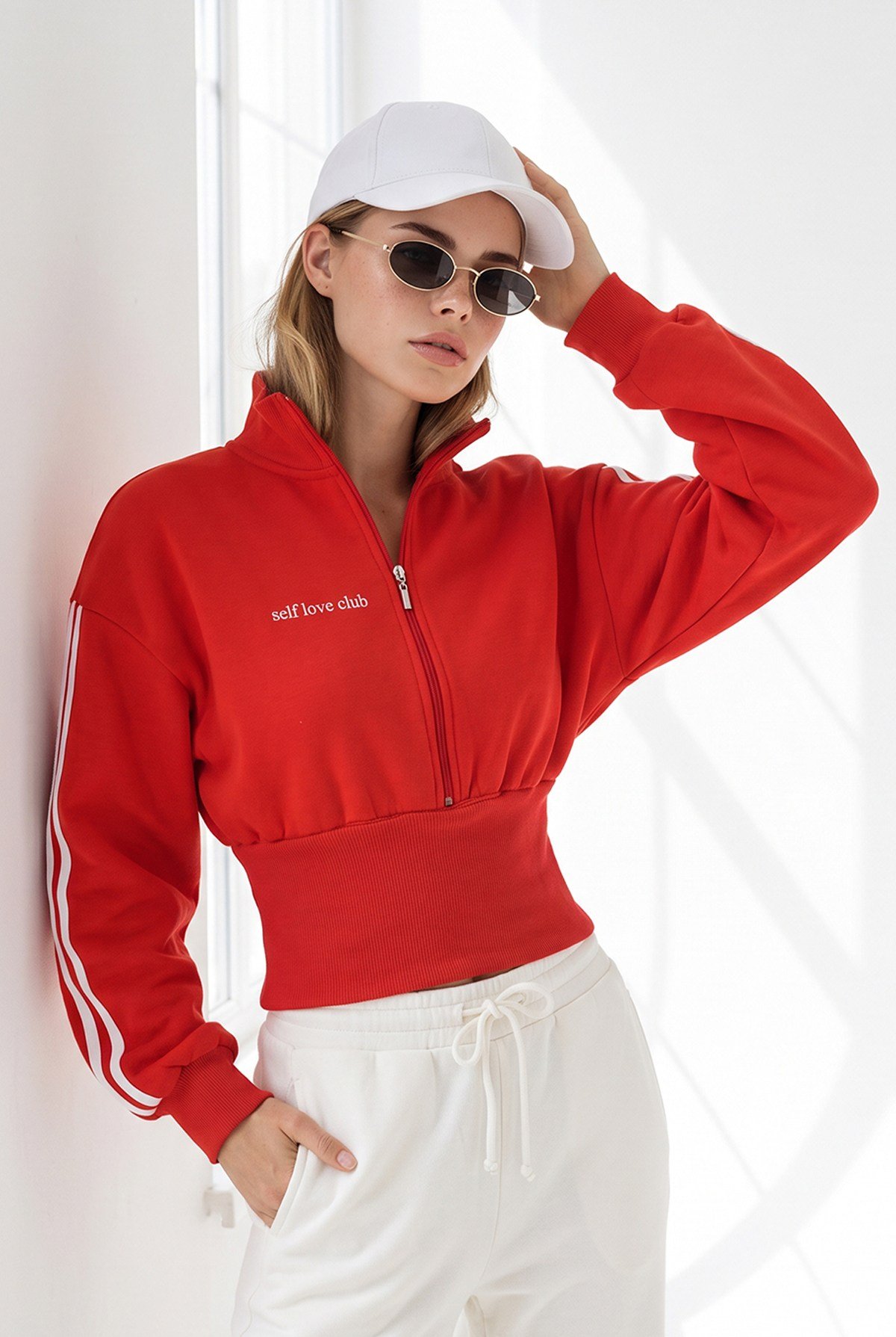 Kalın Bantlı Fermuarlı Şardonlu Sweatshirt Kırmızı