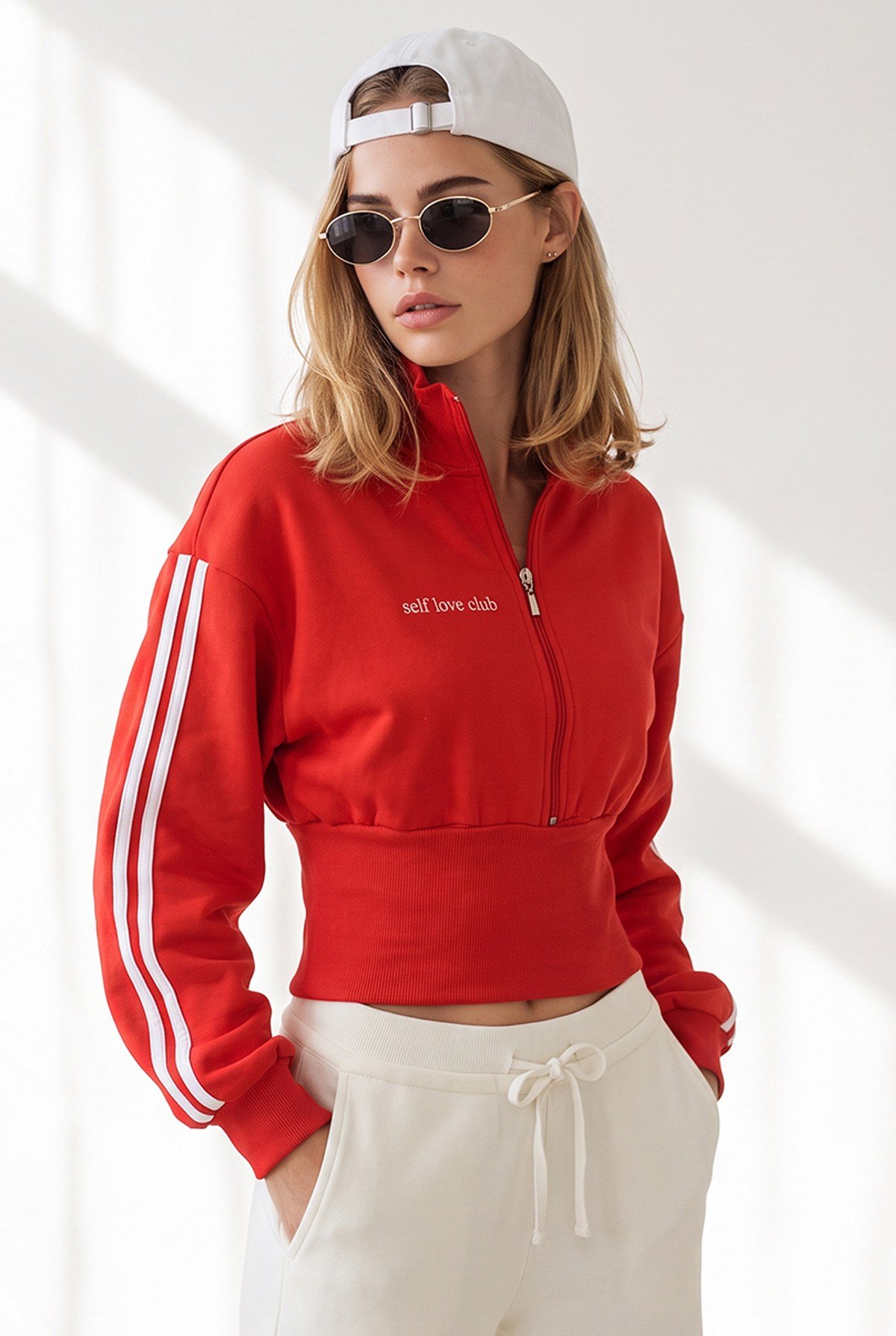 Kalın Bantlı Fermuarlı Şardonlu Sweatshirt Kırmızı