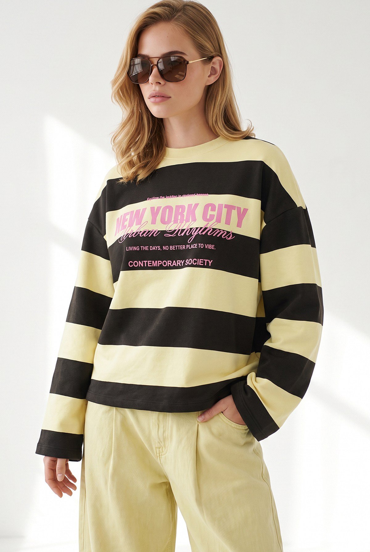 Kalın Çizgili Baskılı Kalın Şardonsuz Sweatshirt Kahve Sarı