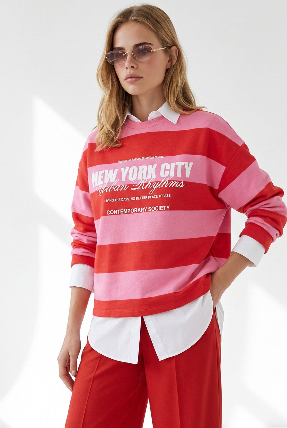 Kalın Çizgili Baskılı Kalın Şardonsuz Sweatshirt Kırmızı Pembe