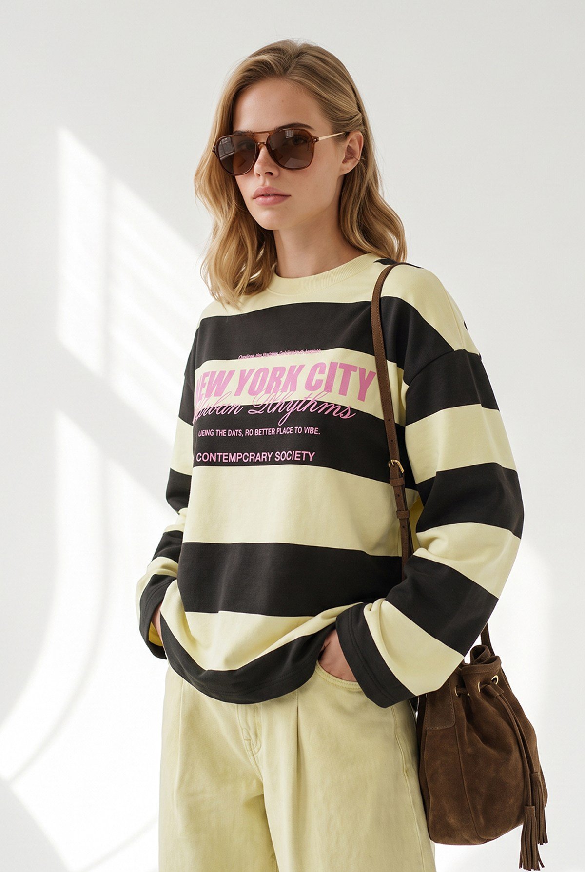 Kalın Çizgili Baskılı Kalın Şardonsuz Sweatshirt Kahve Sarı