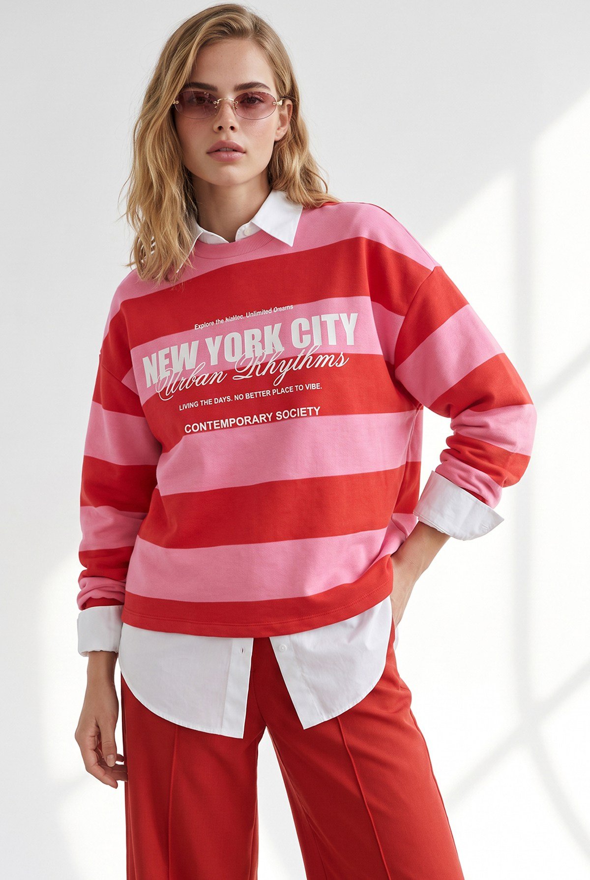 Kalın Çizgili Baskılı Kalın Şardonsuz Sweatshirt Kırmızı Pembe