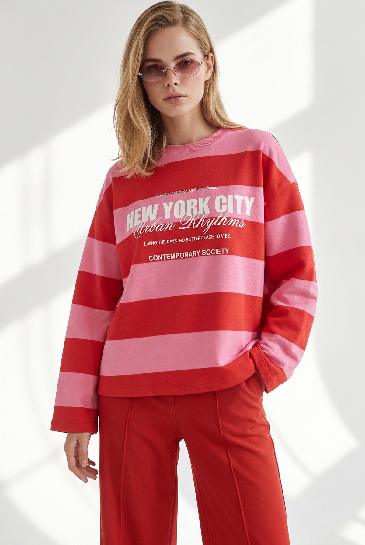 Kalın Çizgili Baskılı Kalın Şardonsuz Sweatshirt Kırmızı Pembe