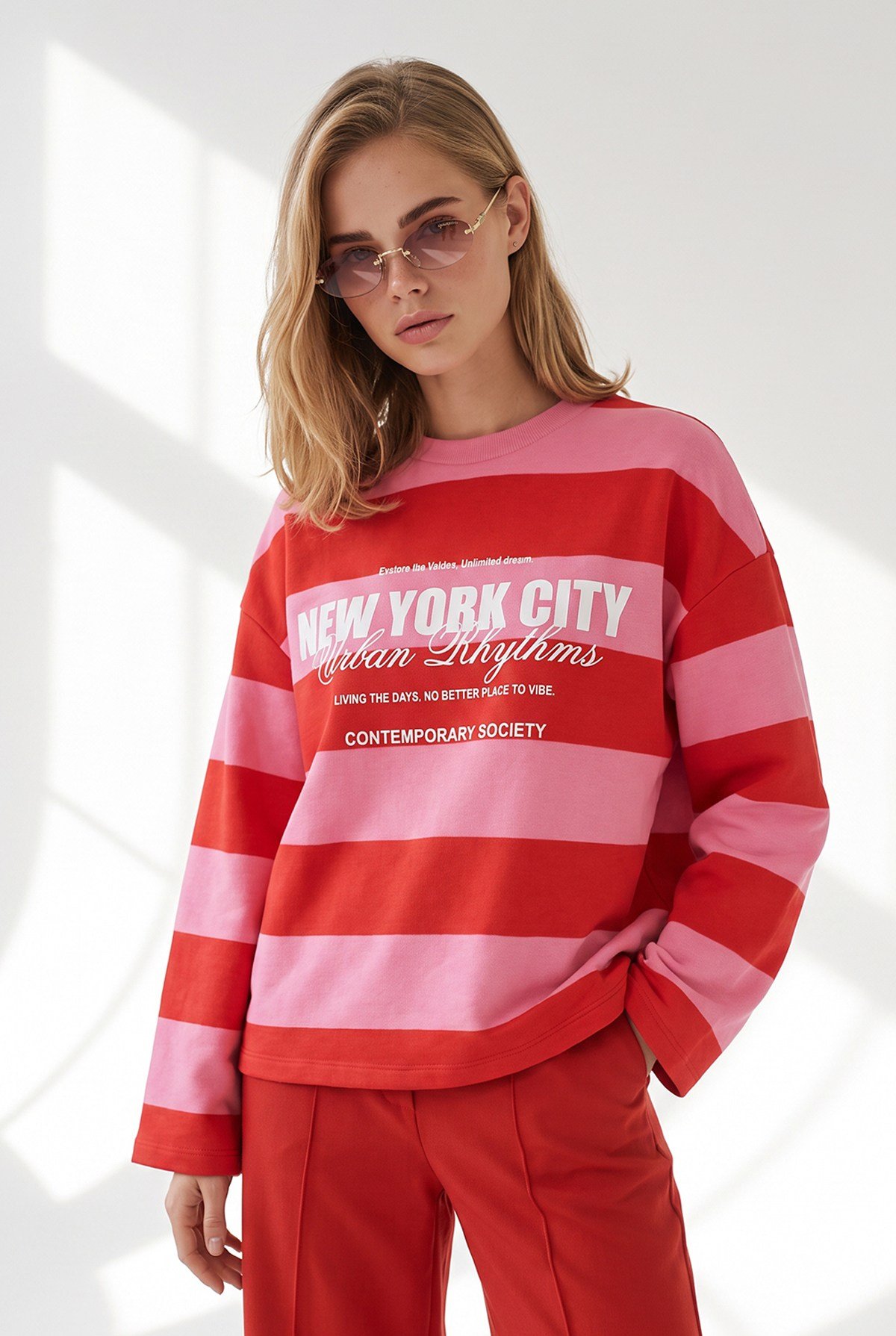 Kalın Çizgili Baskılı Kalın Şardonsuz Sweatshirt Kırmızı Pembe