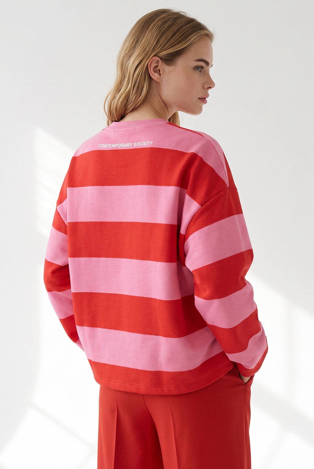 Kalın Çizgili Baskılı Kalın Şardonsuz Sweatshirt Kırmızı Pembe