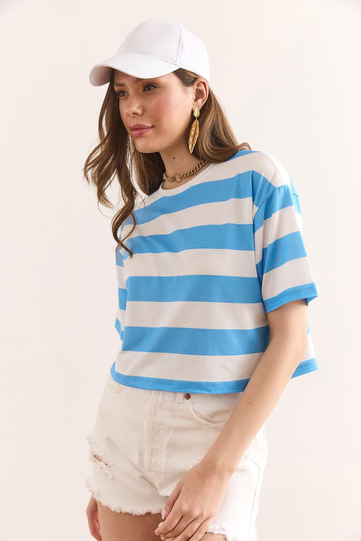 Kalın Çizgili Crop Tişört Bebe Mavi