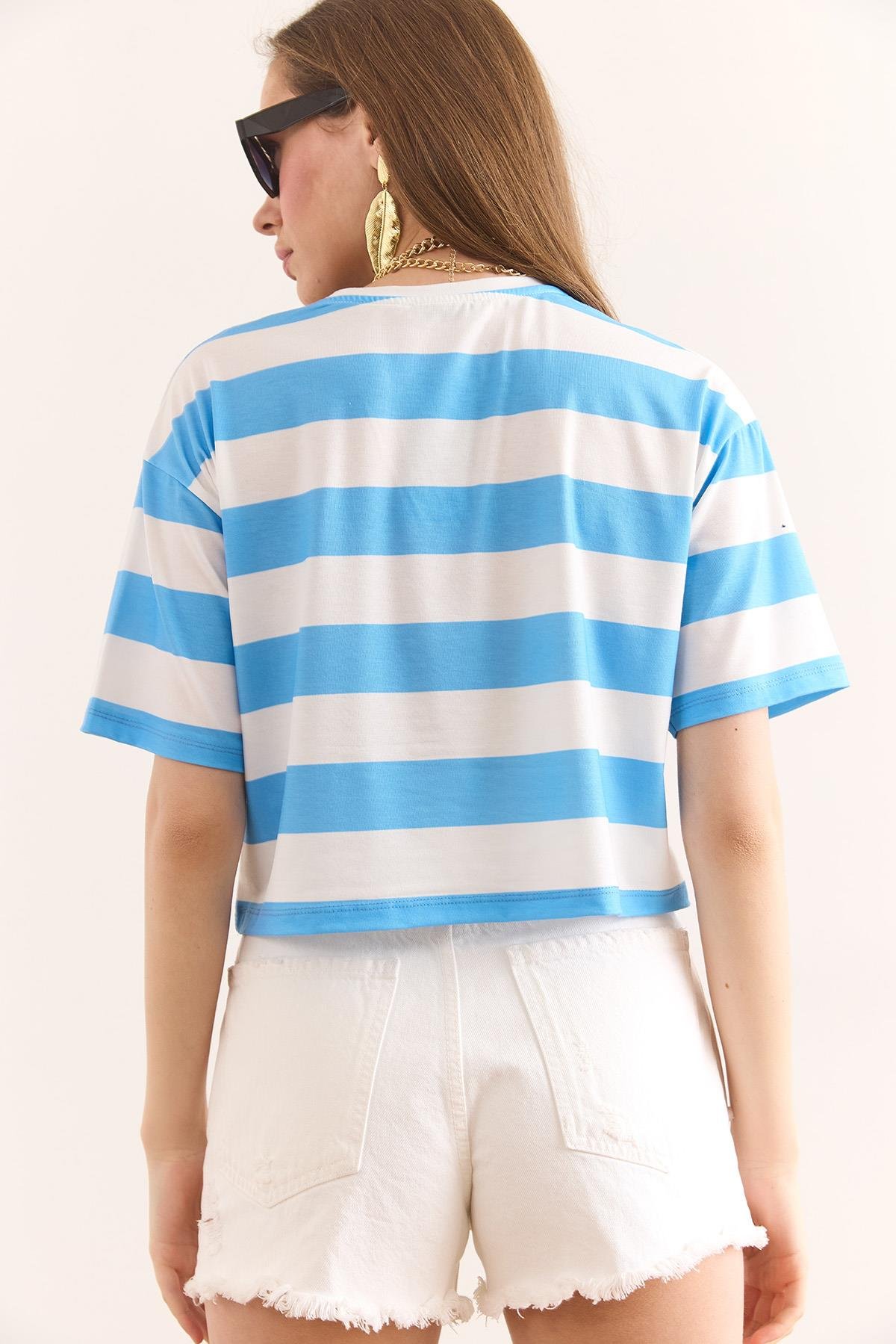 Kalın Çizgili Crop Tişört Bebe Mavi