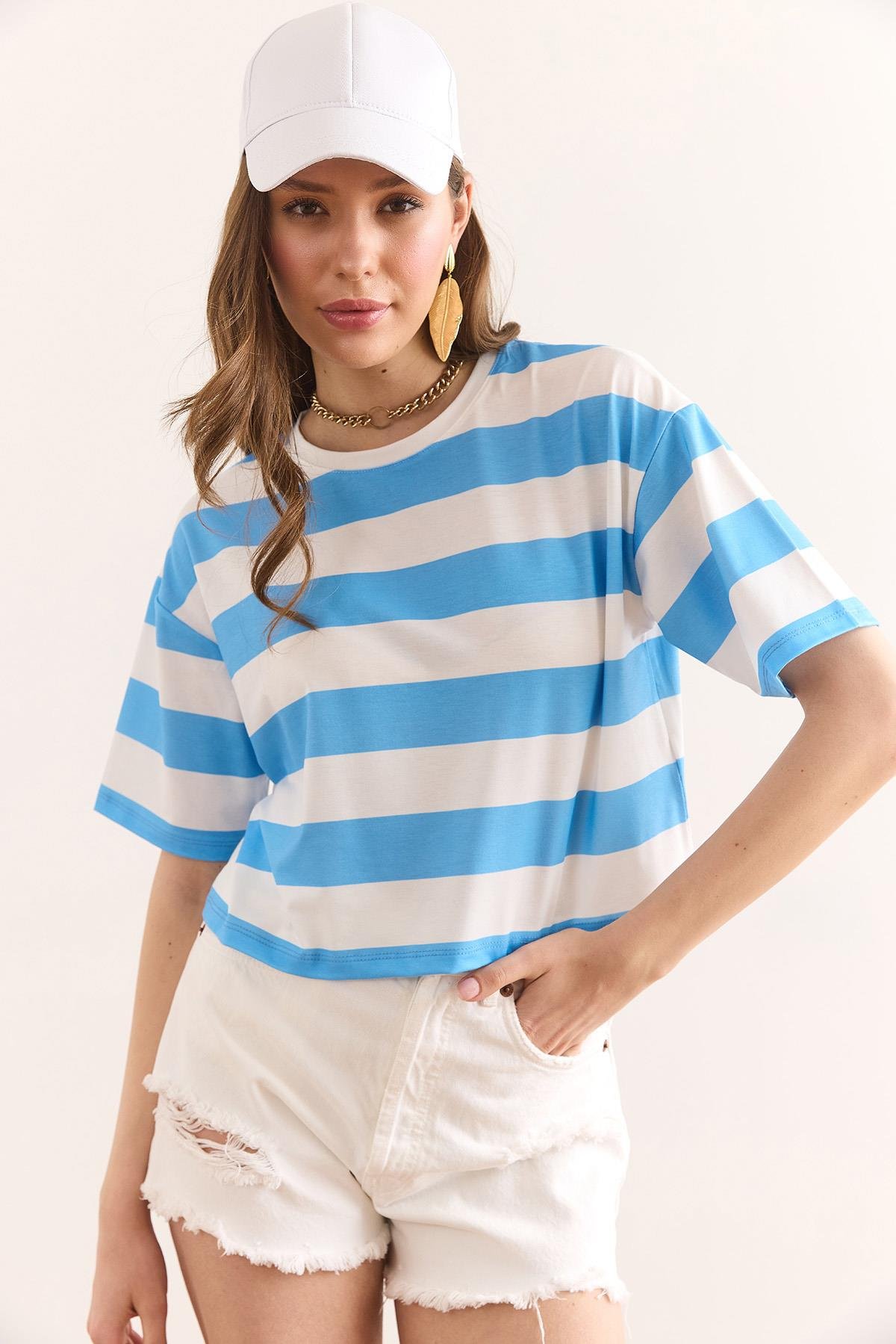 Kalın Çizgili Crop Tişört Bebe Mavi