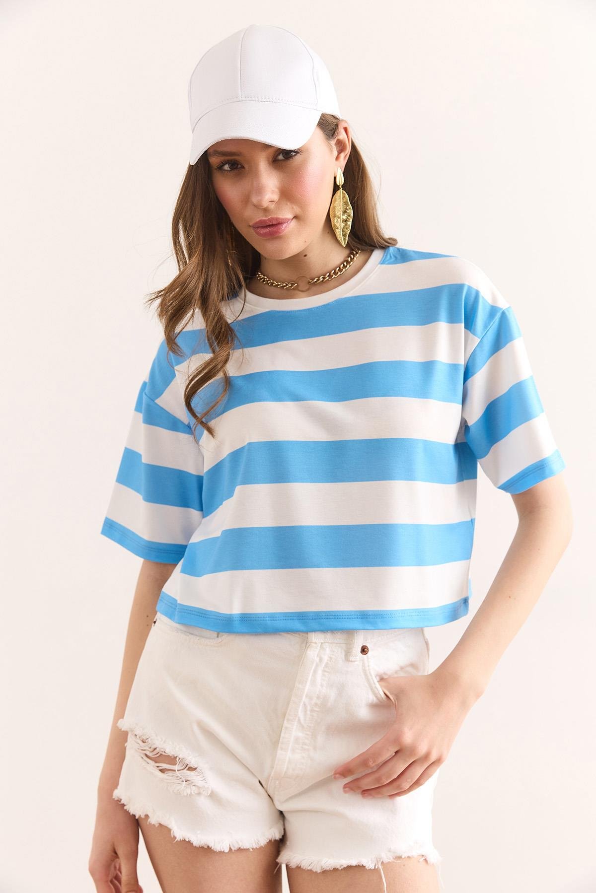 Kalın Çizgili Crop Tişört Bebe Mavi