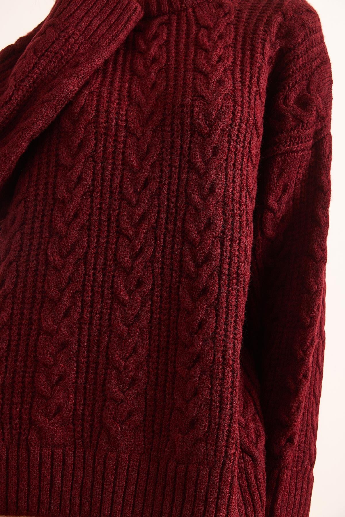 Kalın Saç Örgülü Oversize Triko Kazak Bordo