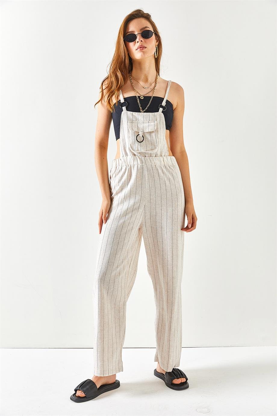 Kanguru Cepli Askısı Bağlamalı Keten Tulum Taş