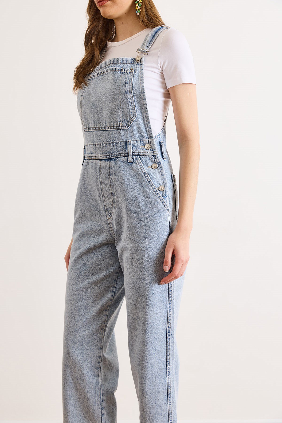 Kanguru Cepli Denim Salopet Açık Mavi