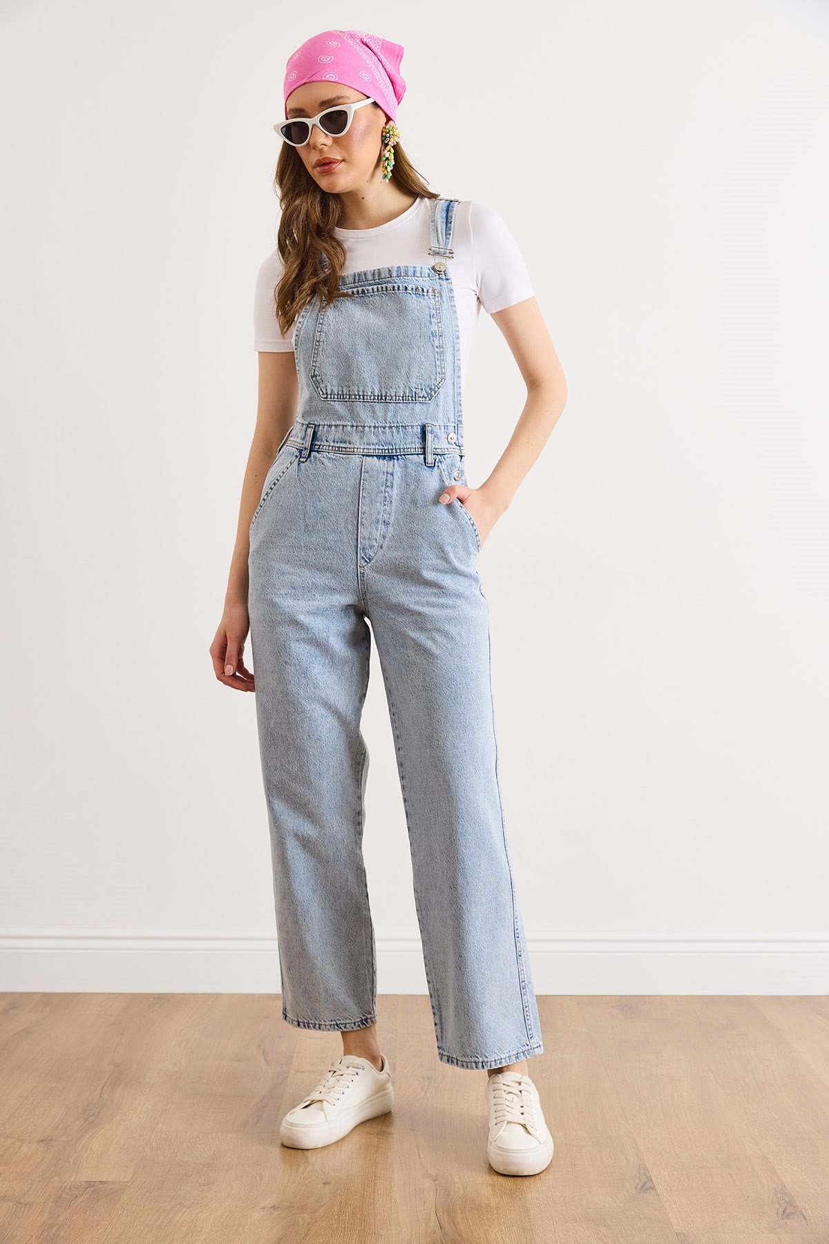 Kanguru Cepli Denim Salopet Açık Mavi