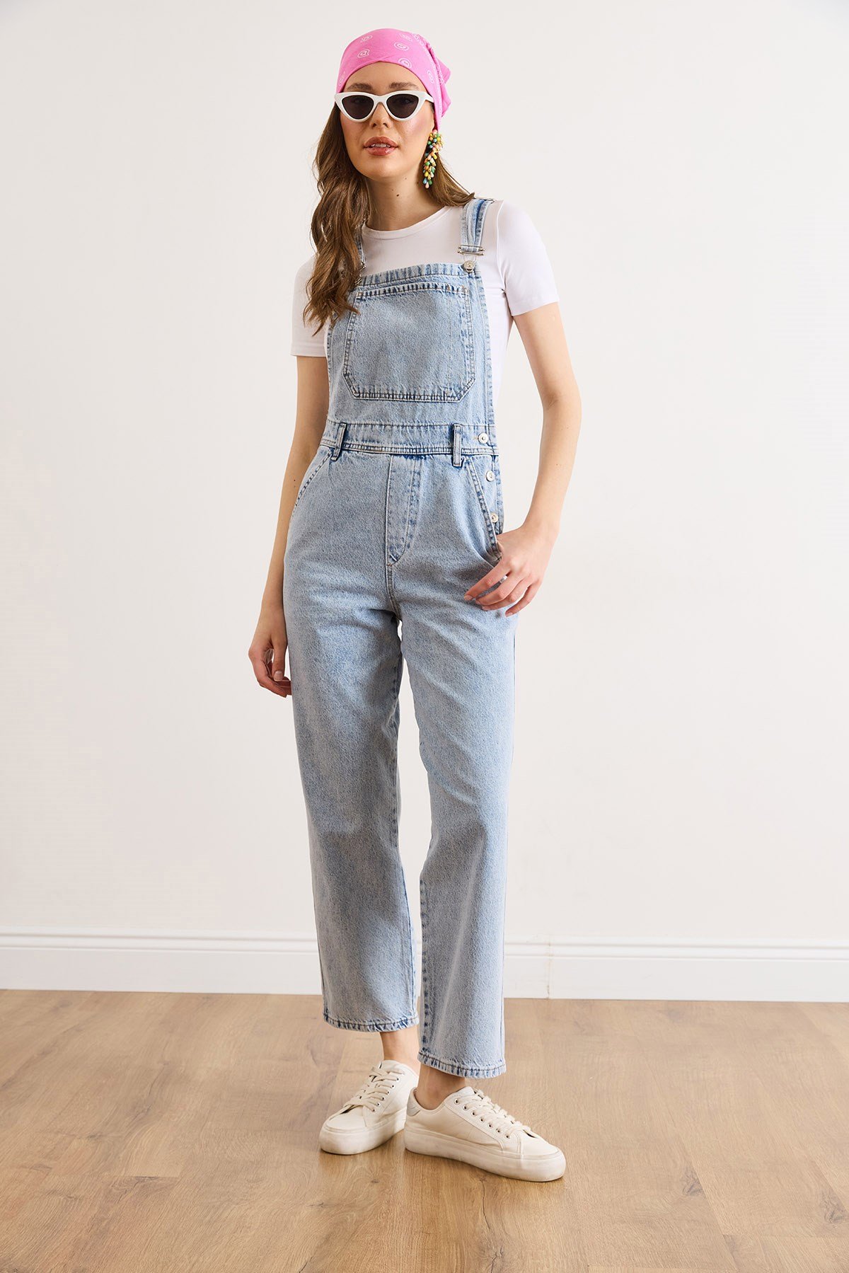 Kanguru Cepli Denim Salopet Açık Mavi