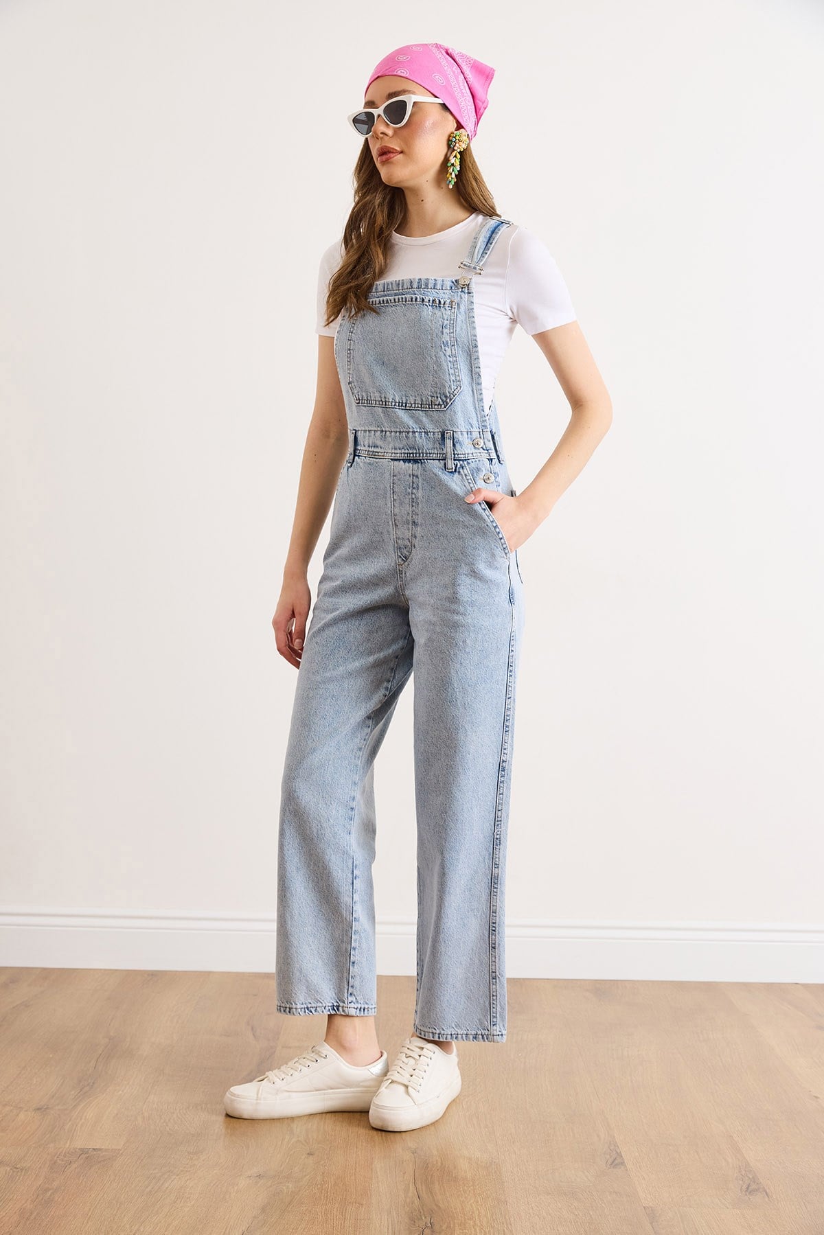 Kanguru Cepli Denim Salopet Açık Mavi